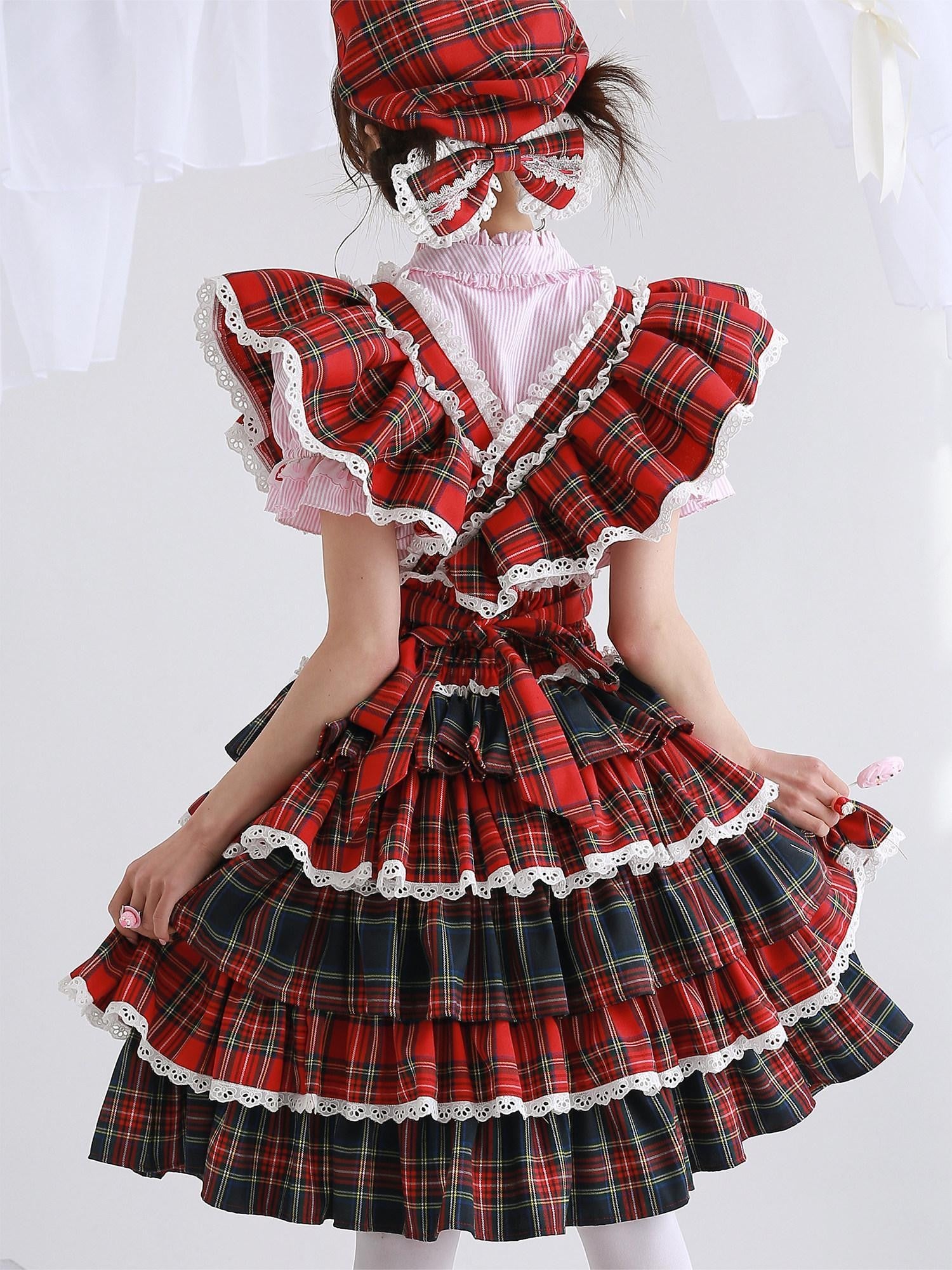 SOS MEME CLUB Showa Red Pinafore Double Layer Puff Skirt Women's Short Sleeve Op