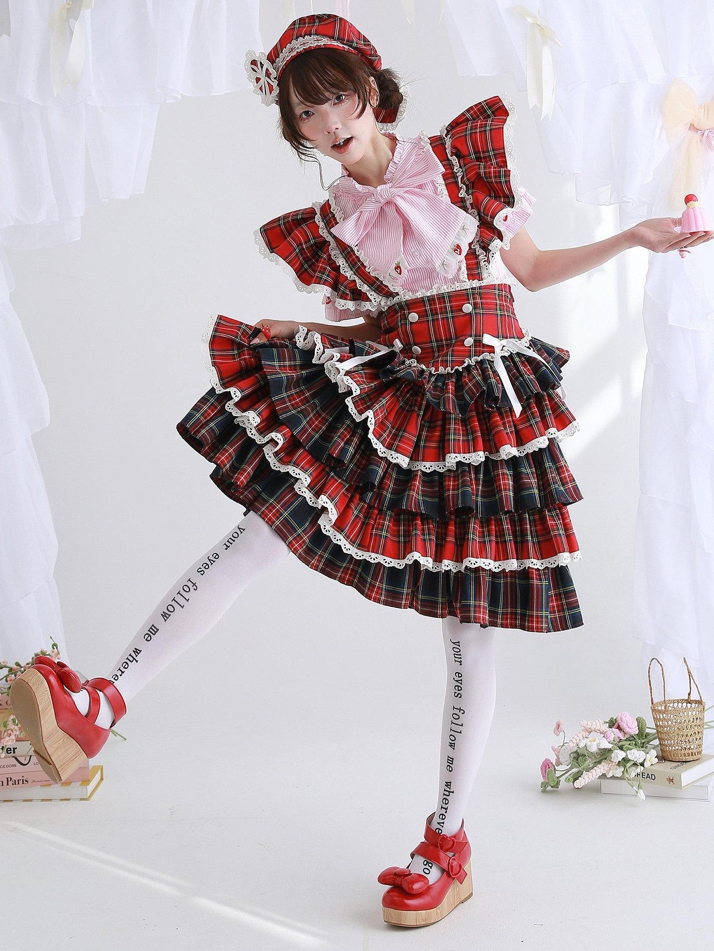 SOS MEME CLUB Showa Red Pinafore Double Layer Puff Skirt Women's Short Sleeve Op