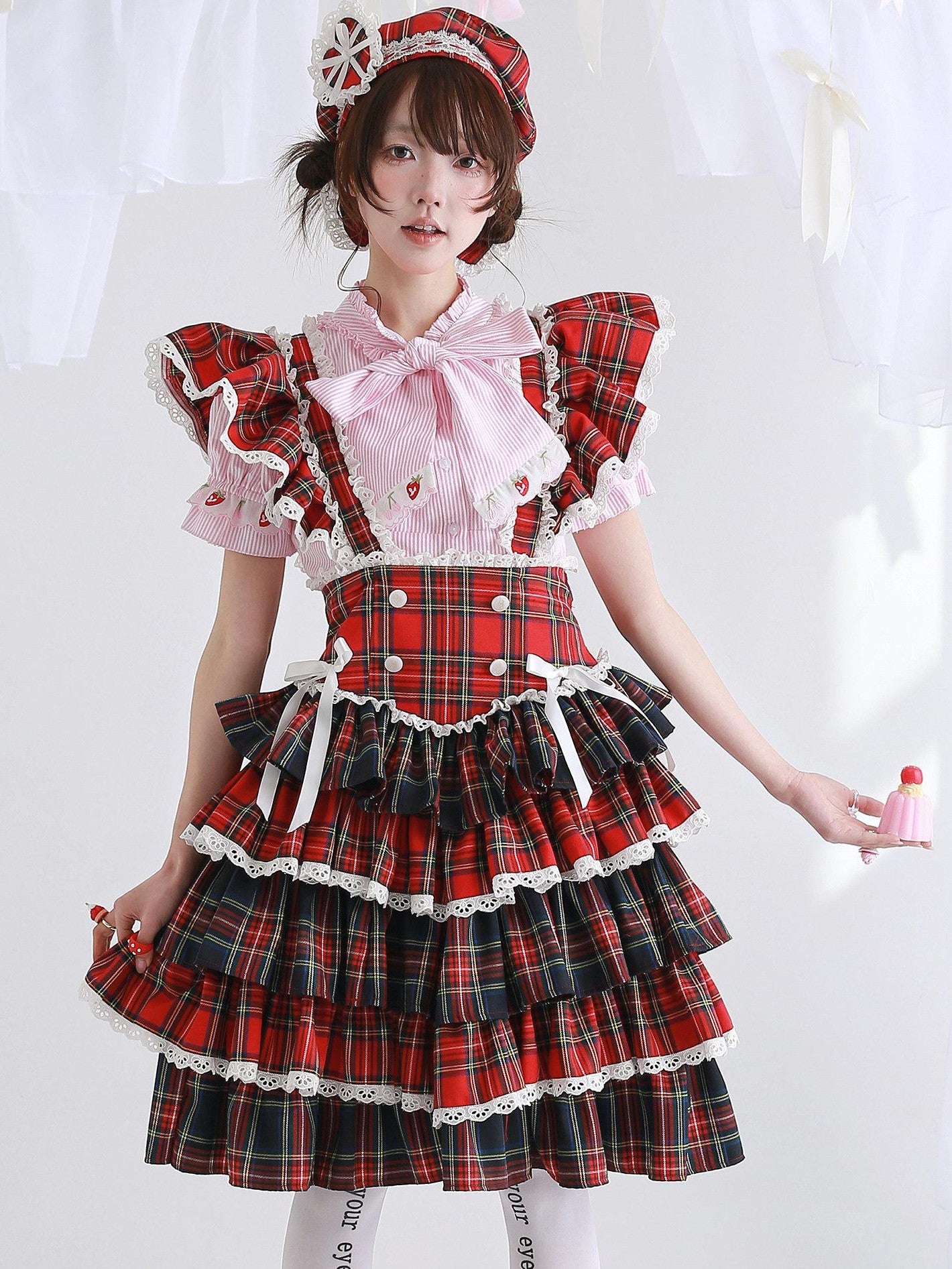SOS MEME CLUB Showa Red Pinafore Double Layer Puff Skirt Women's Short Sleeve Op