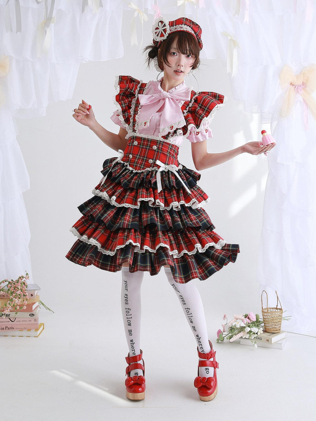 SOS MEME CLUB Showa Red Pinafore Double Layer Puff Skirt Women's Short Sleeve Op