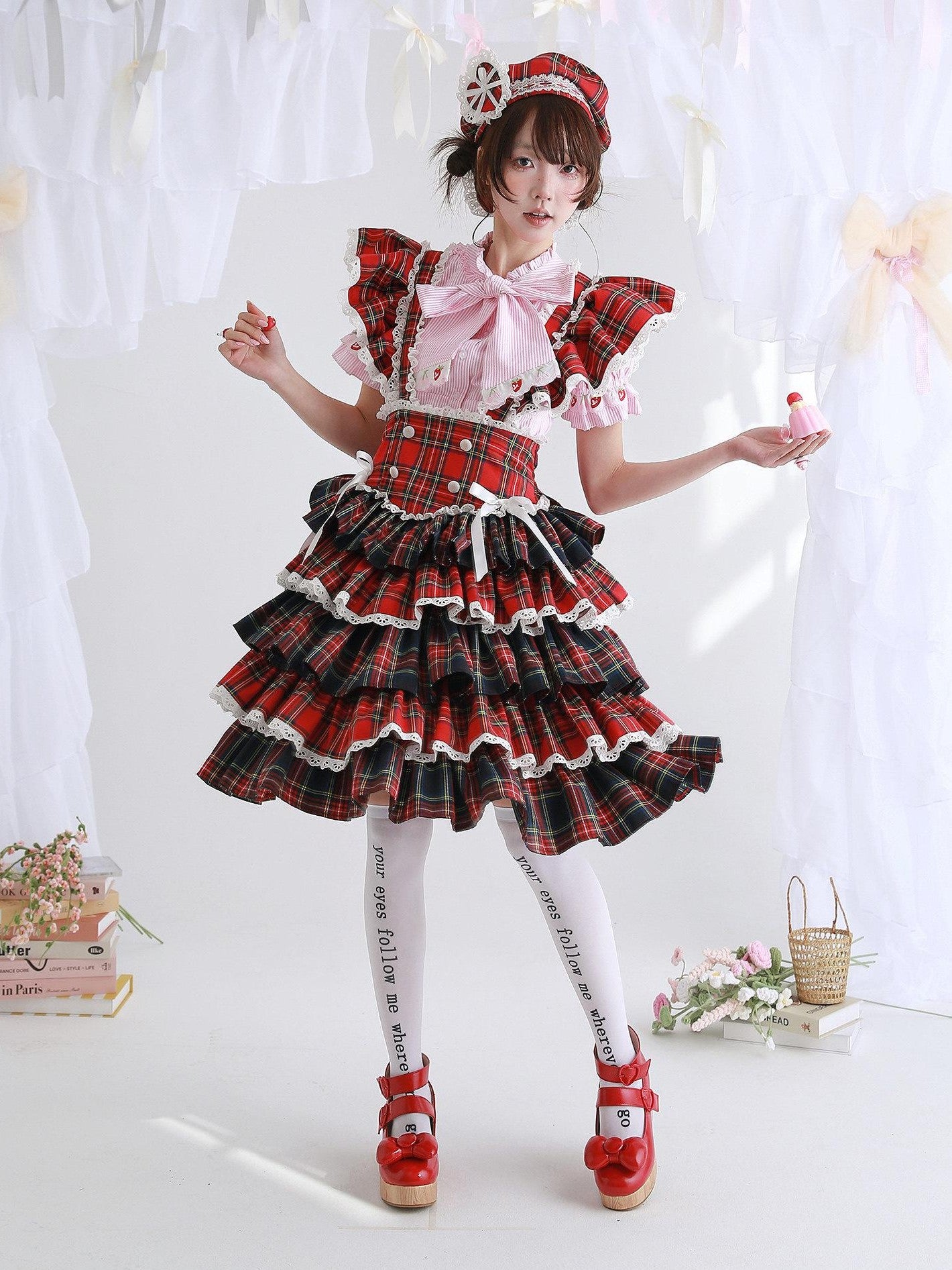 SOS MEME CLUB Showa Red Pinafore Double Layer Puff Skirt Women's Short Sleeve Op