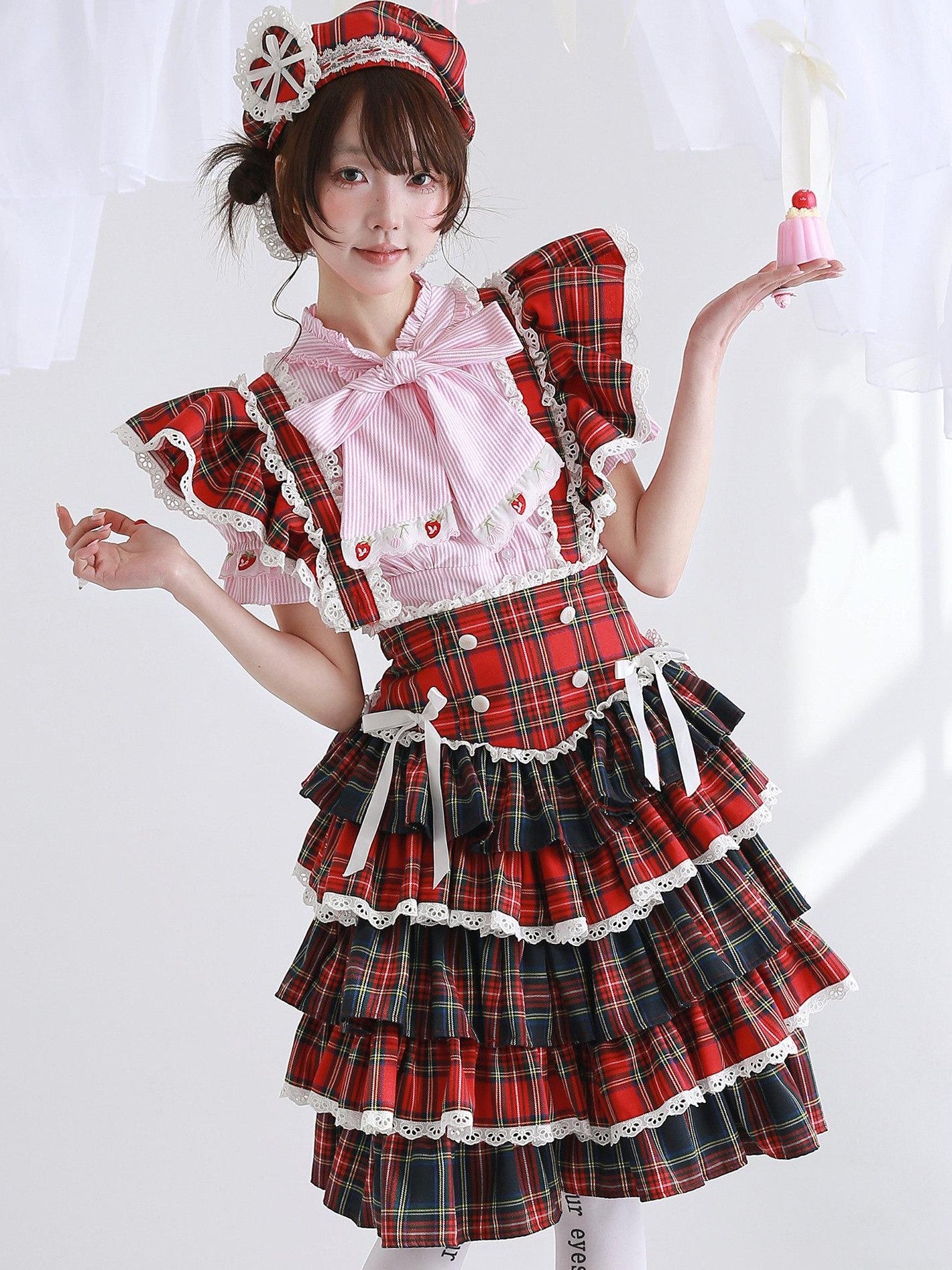 SOS MEME CLUB Showa Red Pinafore Double Layer Puff Skirt Women's Short Sleeve Op