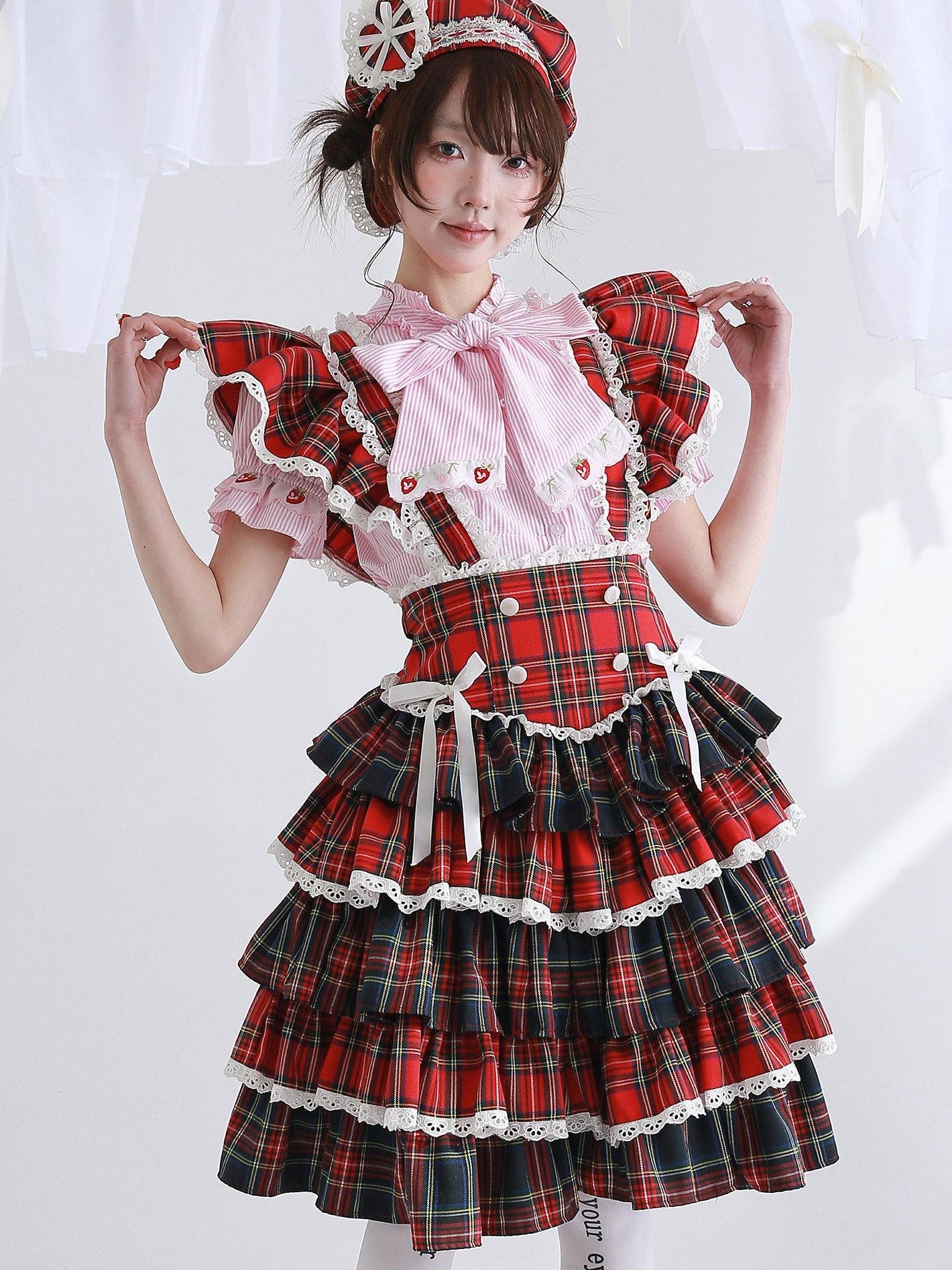 SOS MEME CLUB Showa Red Pinafore Double Layer Puff Skirt Women's Short Sleeve Op