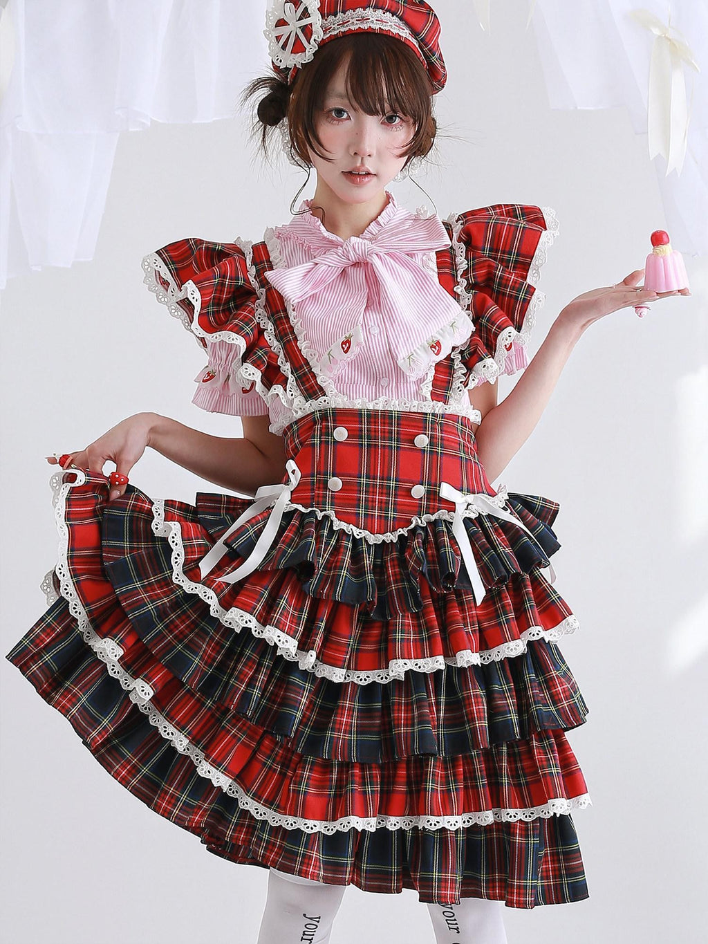SOS MEME CLUB Showa Red Pinafore Double Layer Puff Skirt Women's Short Sleeve Op