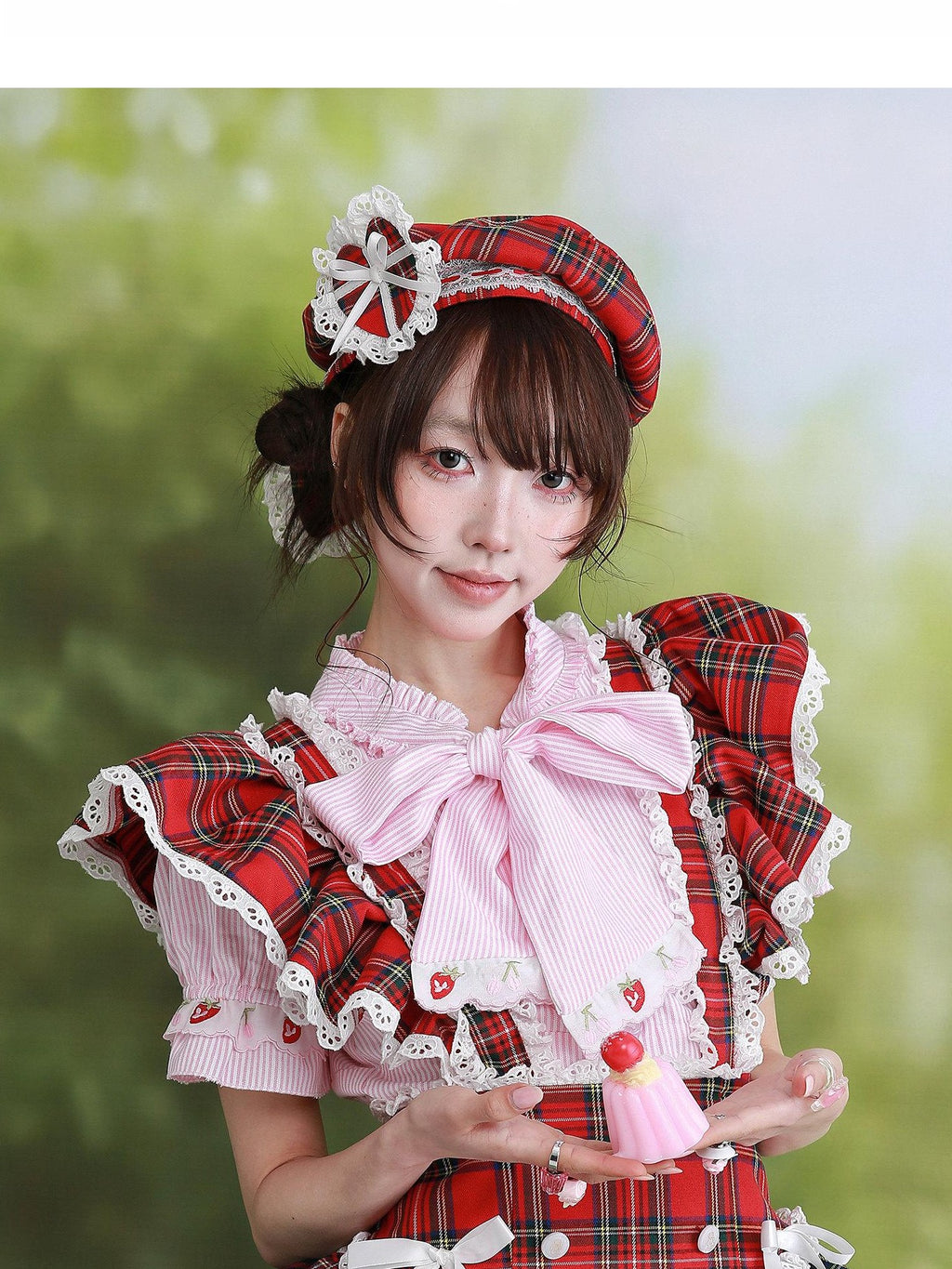 SOS MEME CLUB Showa Red Pinafore Double Layer Puff Skirt Women's Short Sleeve Op