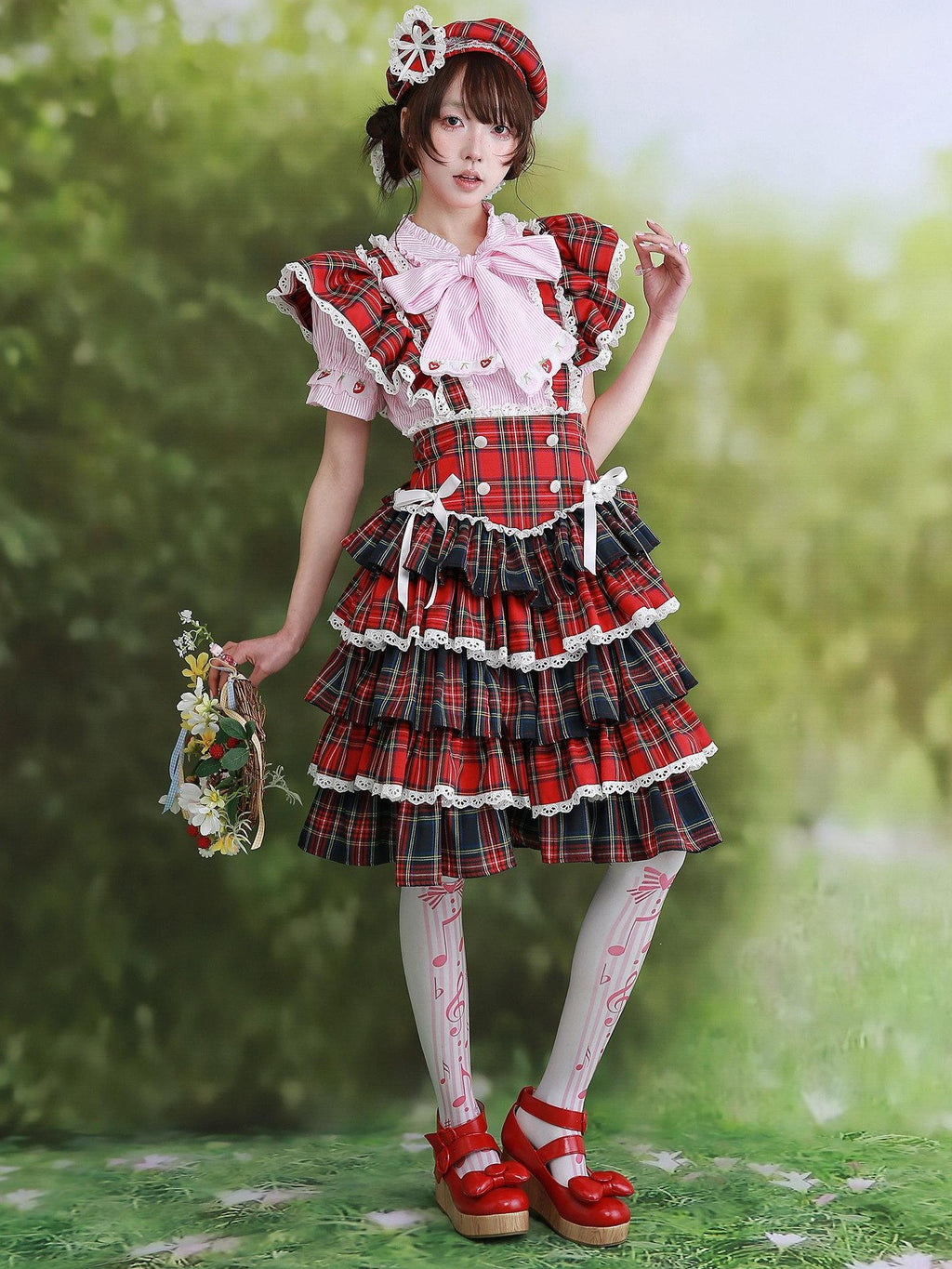 SOS MEME CLUB Showa Red Pinafore Double Layer Puff Skirt Women's Short Sleeve Op