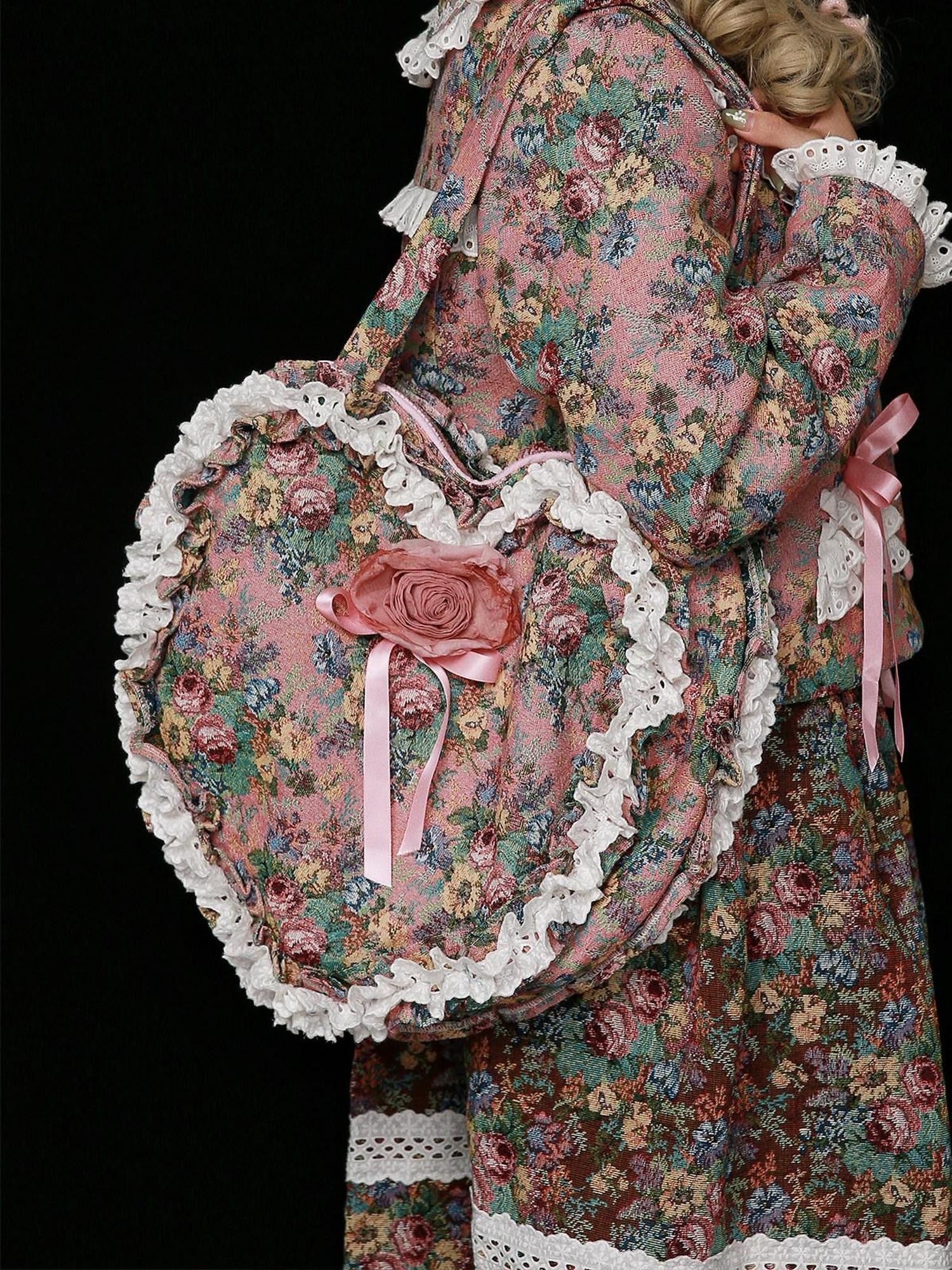 SOS MEME CLUB Showa Retro Lolita Pink Heart Floral Women's Mixed Material Shoulder Bags