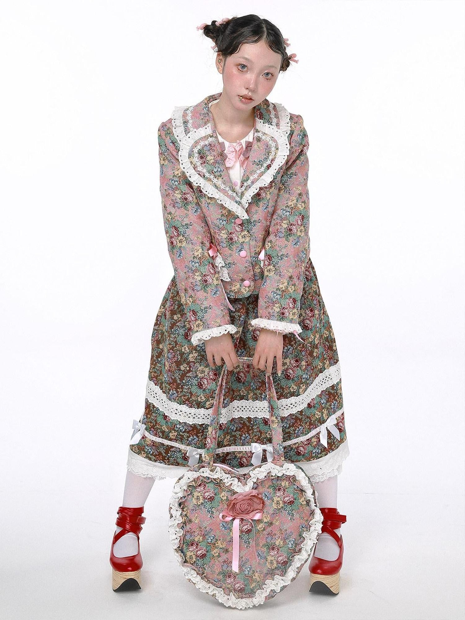 SOS MEME CLUB Showa Retro Lolita Pink Heart Floral Women's Mixed Material Shoulder Bags