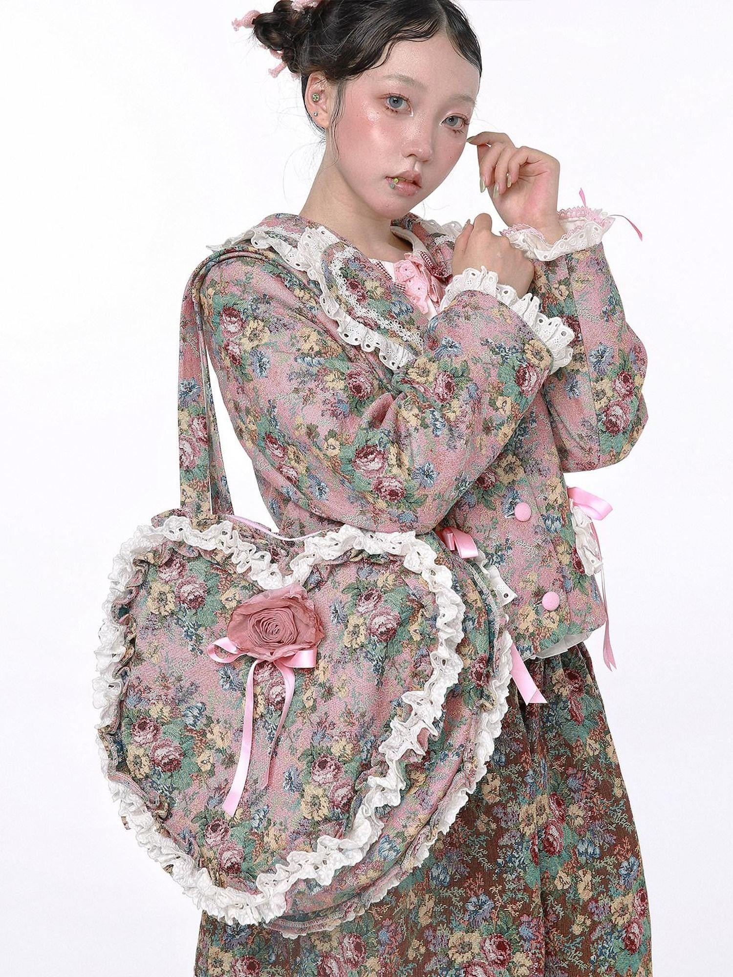 SOS MEME CLUB Showa Retro Lolita Pink Heart Floral Women's Mixed Material Shoulder Bags