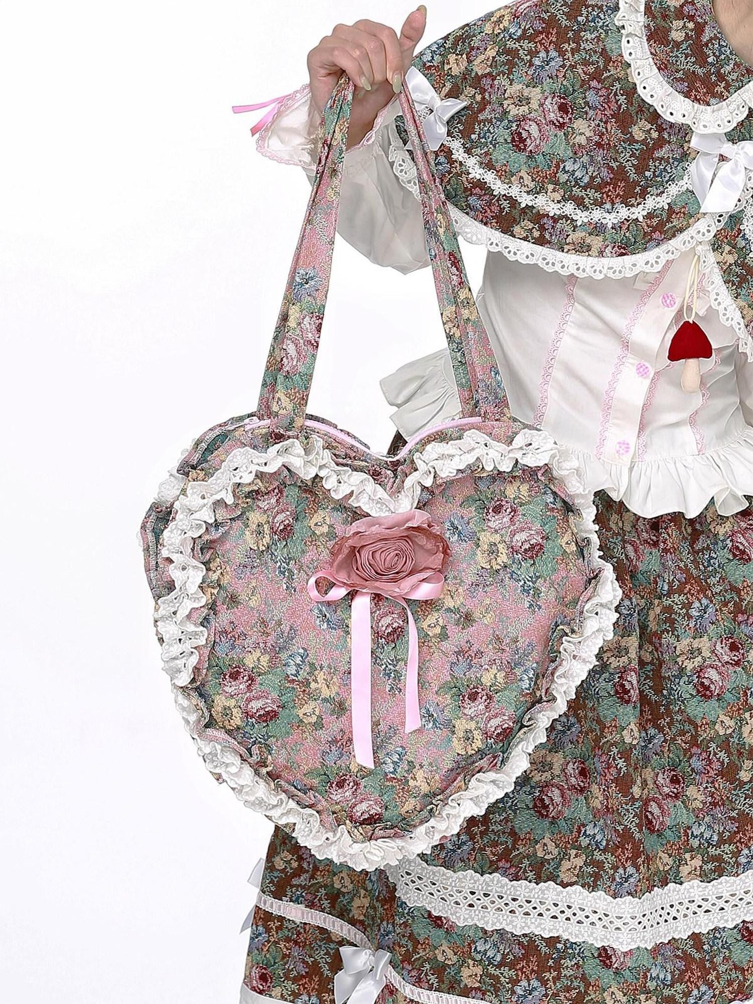 SOS MEME CLUB Showa Retro Lolita Pink Heart Floral Women's Mixed Material Shoulder Bags