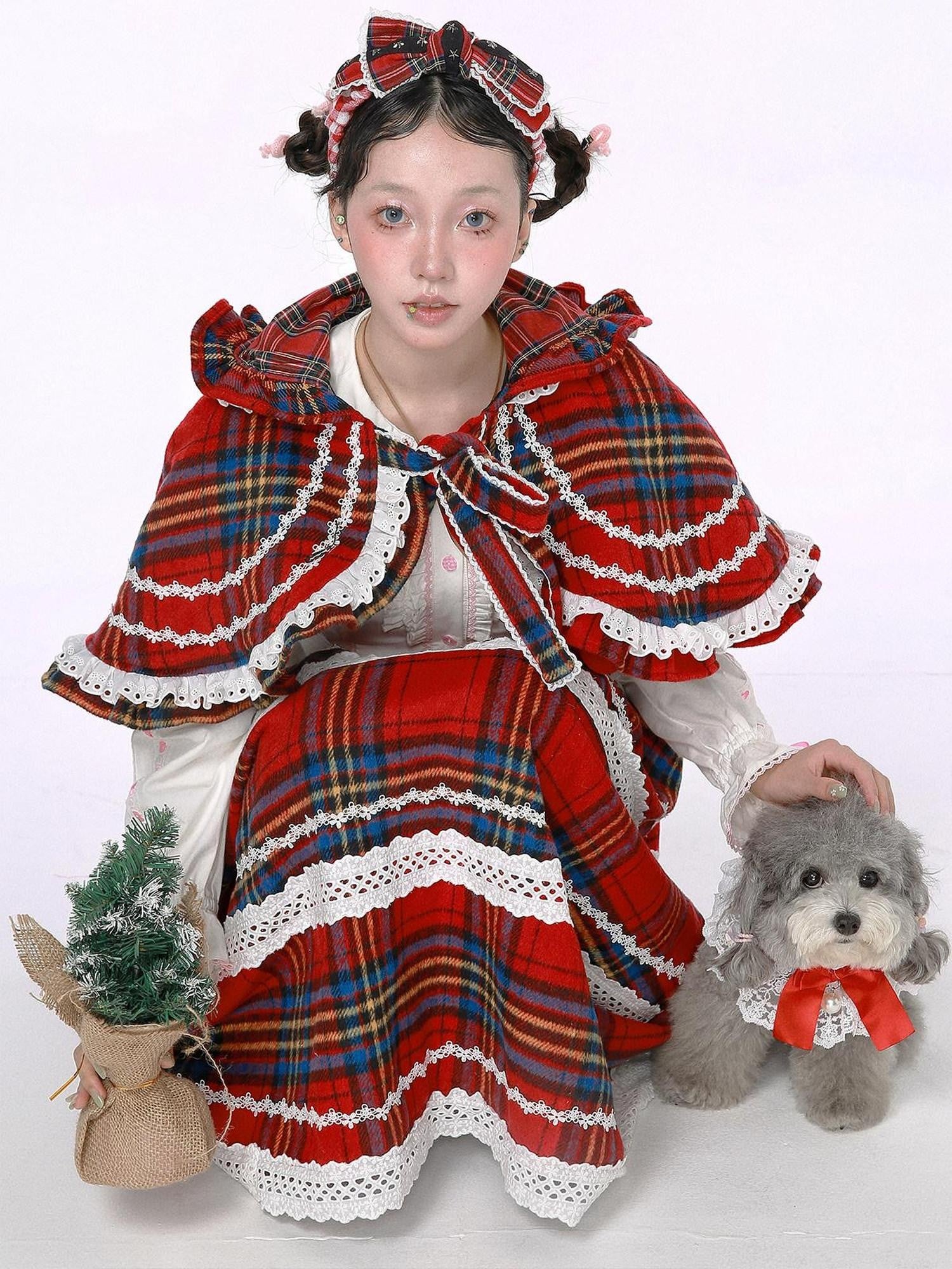 SOS MEME CLUB Showa Vintage Red Plaid Bow Lolita Women's Other Fabric Capelets