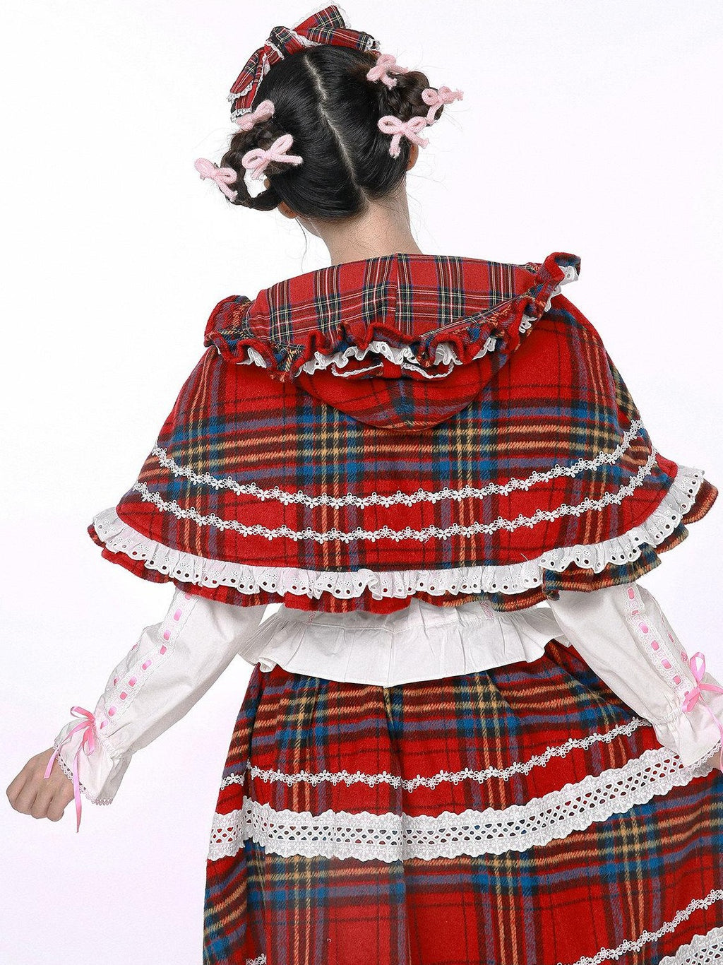 SOS MEME CLUB Showa Vintage Red Plaid Bow Lolita Women's Other Fabric Capelets