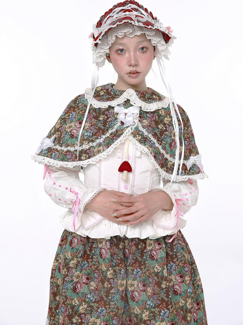 SOS MEME CLUB Showa Vintage Red Plaid Bow Lolita Women's Other Fabric Capelets