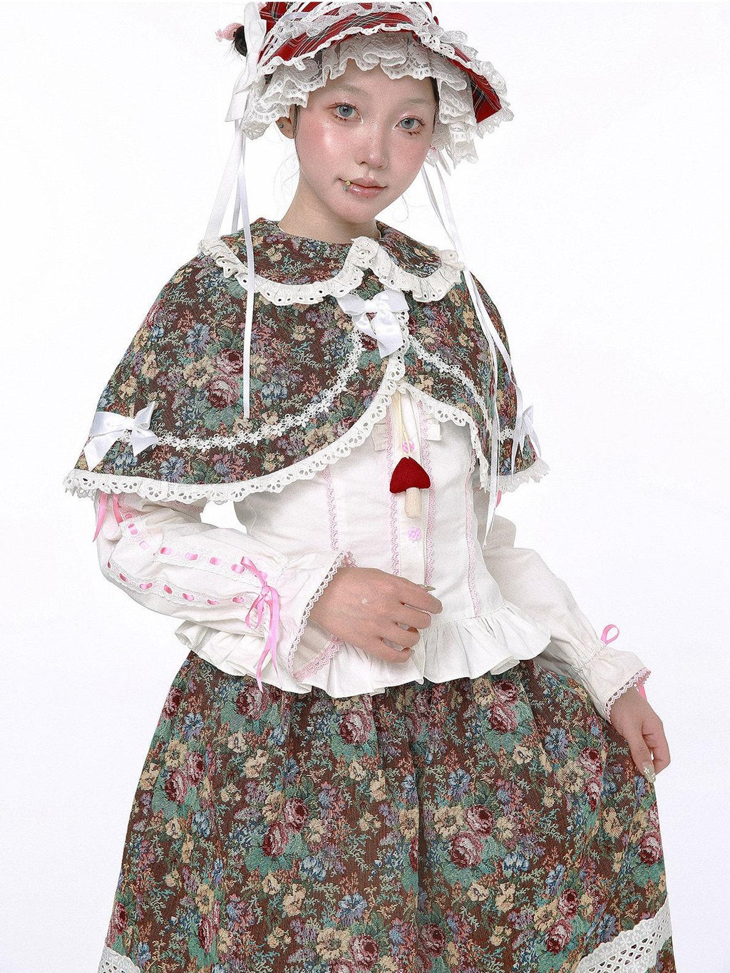 SOS MEME CLUB Showa Vintage Red Plaid Bow Lolita Women's Other Fabric Capelets