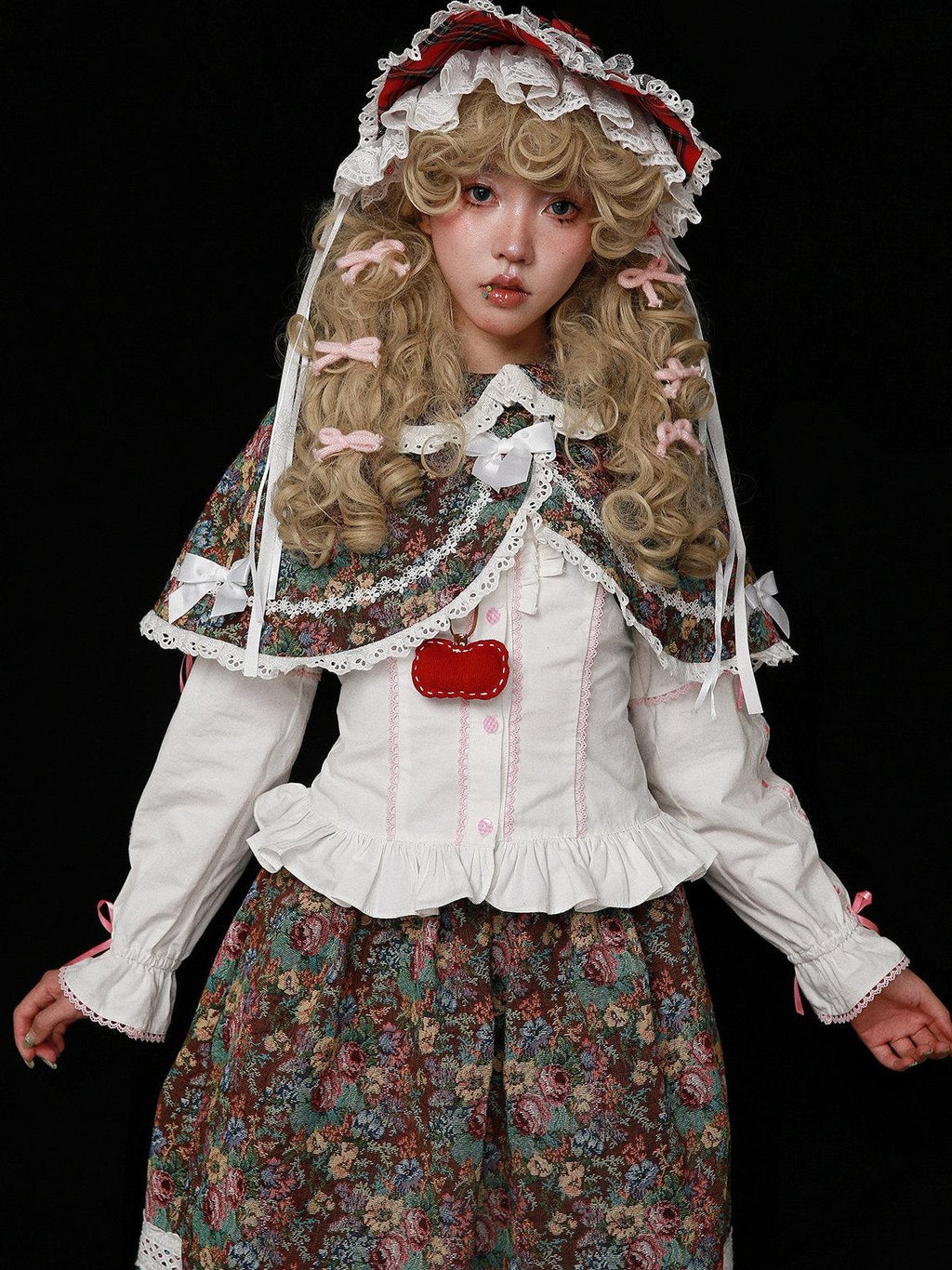 SOS MEME CLUB Showa Vintage Red Plaid Bow Lolita Women's Other Fabric Capelets