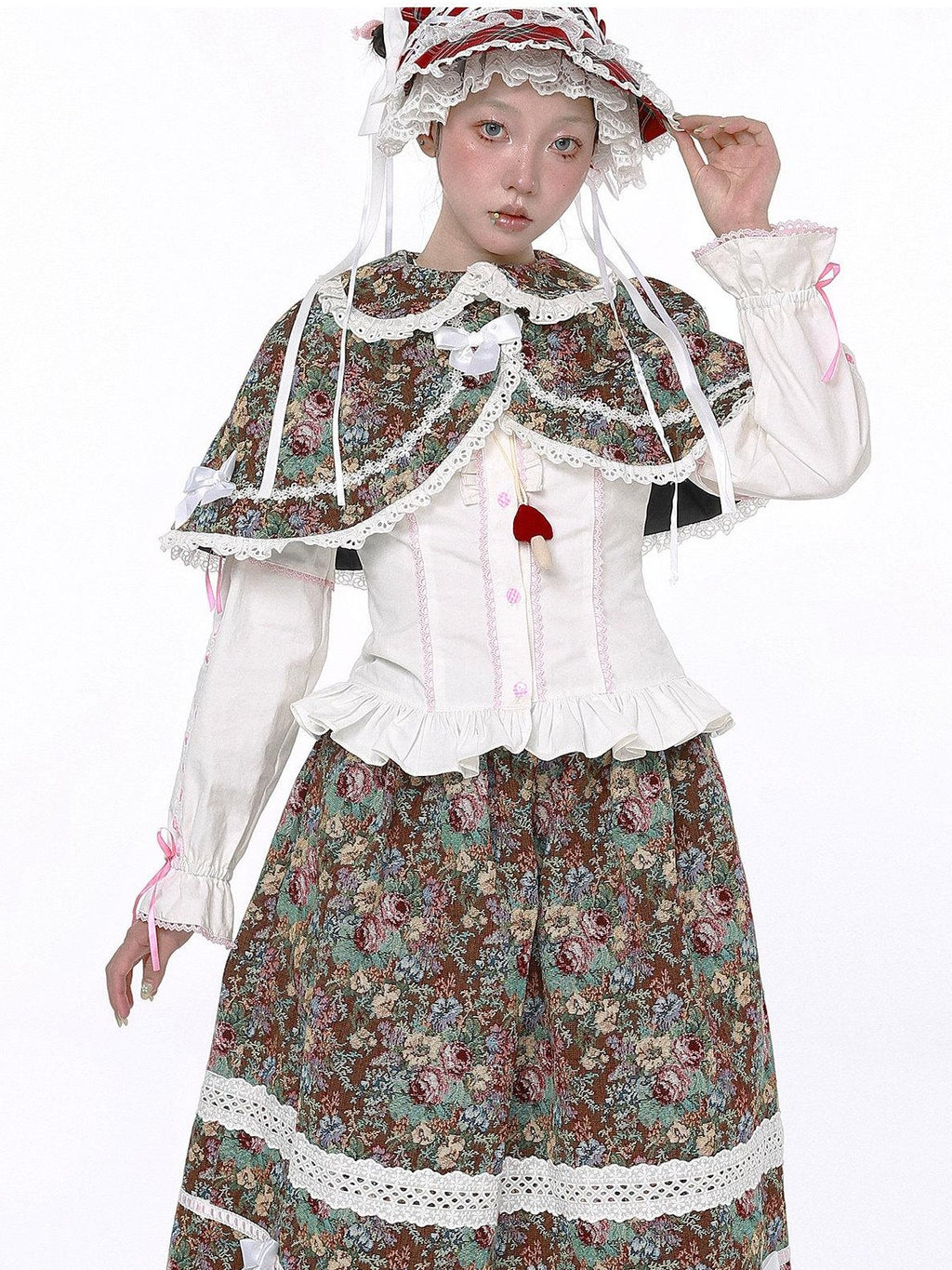 SOS MEME CLUB Showa Vintage Red Plaid Bow Lolita Women's Other Fabric Capelets