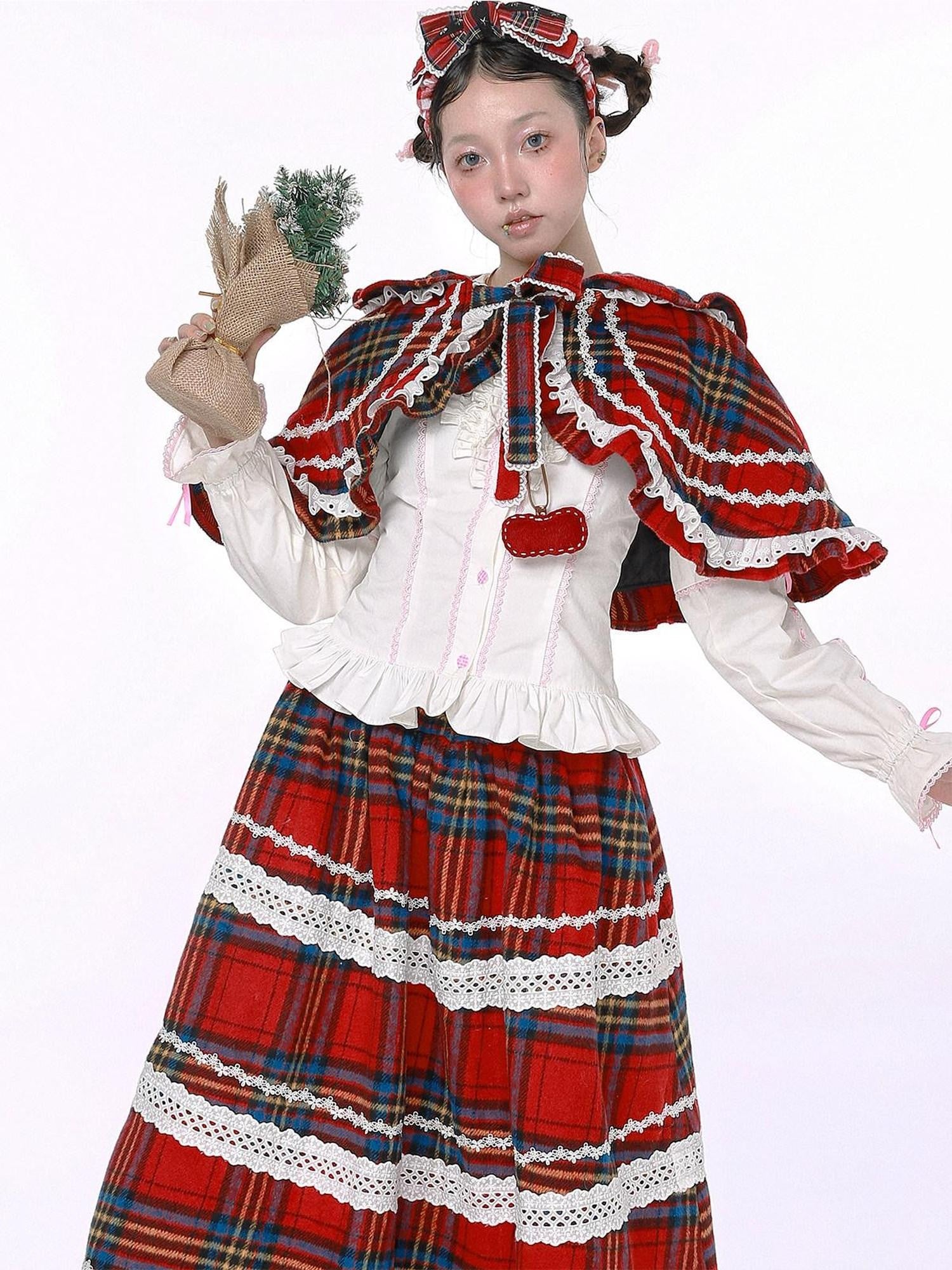 SOS MEME CLUB Showa Vintage Red Plaid Bow Lolita Women's Other Fabric Capelets