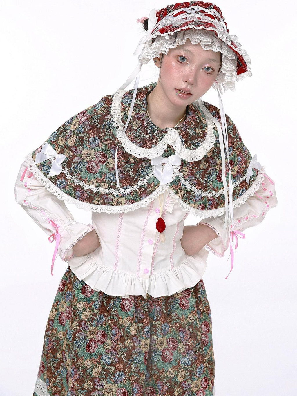 SOS MEME CLUB Showa Vintage Red Plaid Bow Lolita Women's Other Fabric Capelets