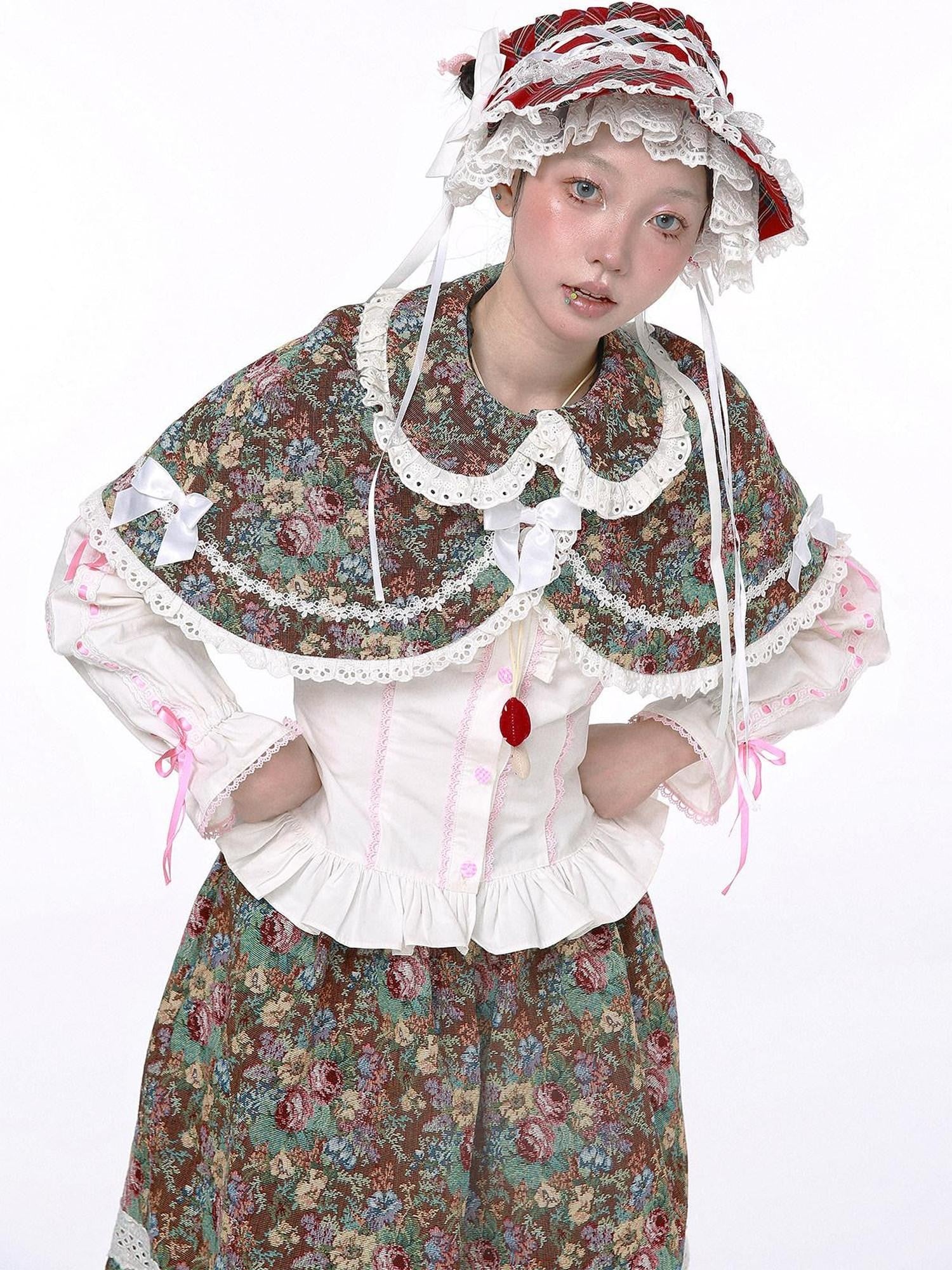 SOS MEME CLUB Showa Vintage Red Plaid Bow Lolita Women's Other Fabric Capelets