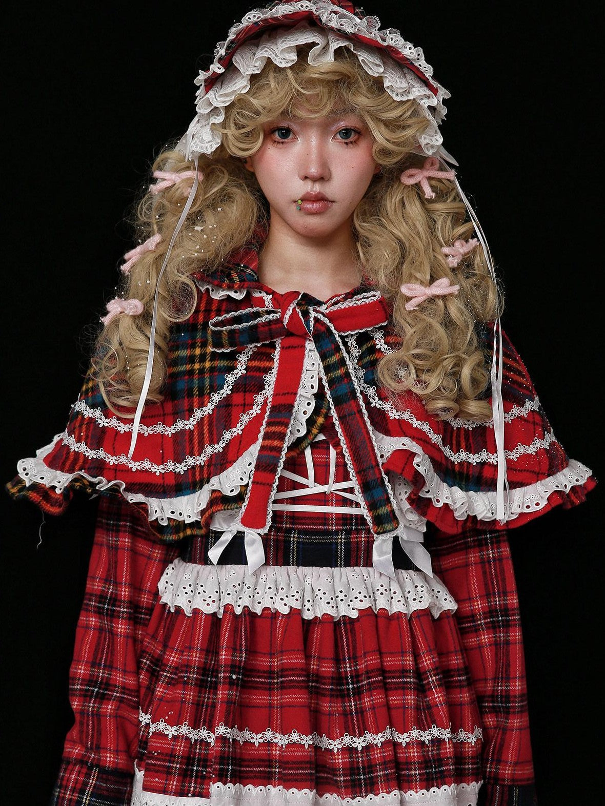 SOS MEME CLUB Showa Vintage Red Plaid Bow Lolita Women's Other Fabric Capelets
