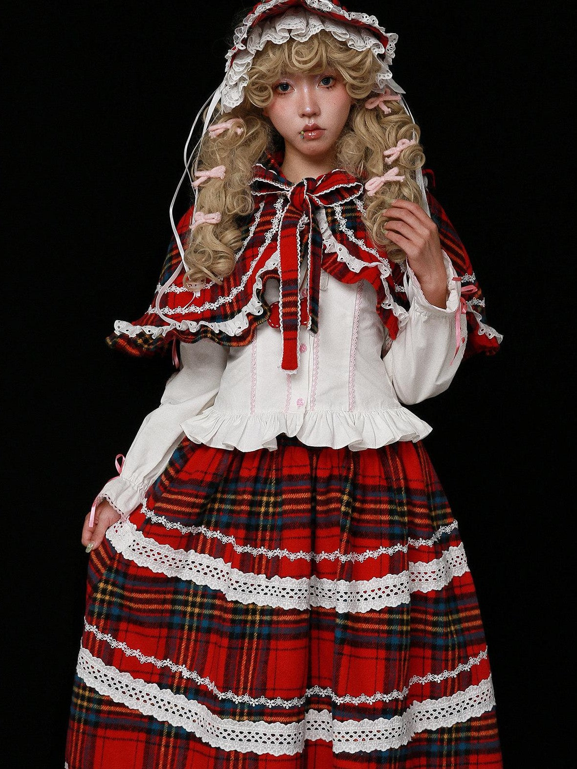 SOS MEME CLUB Showa Vintage Red Plaid Bow Lolita Women's Other Fabric Capelets