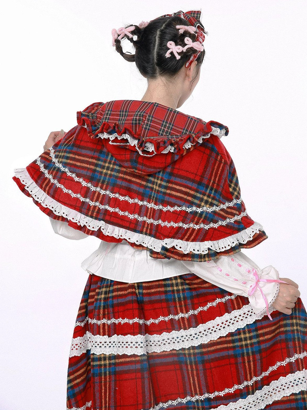 SOS MEME CLUB Showa Vintage Red Plaid Bow Lolita Women's Other Fabric Capelets