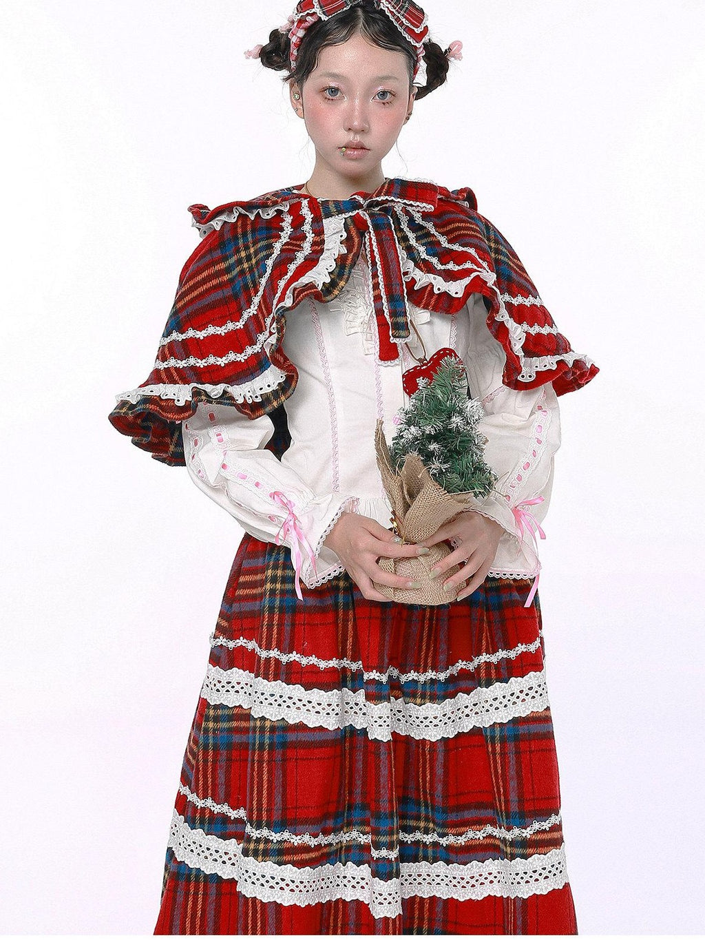 SOS MEME CLUB Showa Vintage Red Plaid Bow Lolita Women's Other Fabric Capelets