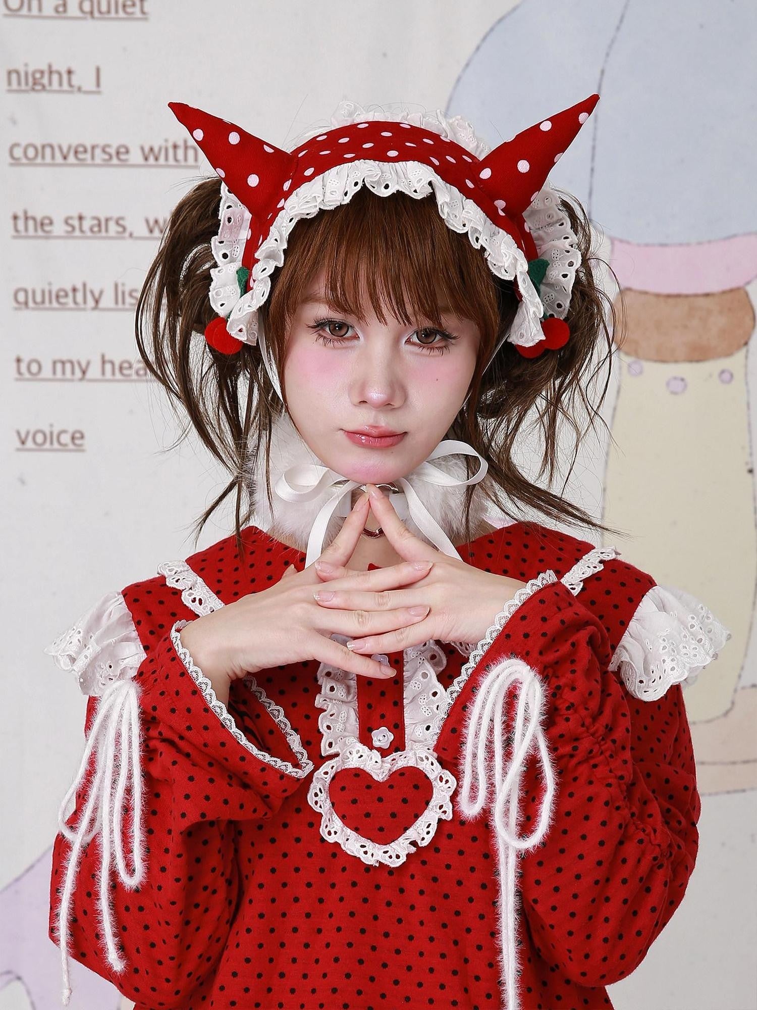 SOS MEME CLUB Vintage Japanese Cute Devil Red Polka Dot Women's Fabric Kc / Headbands