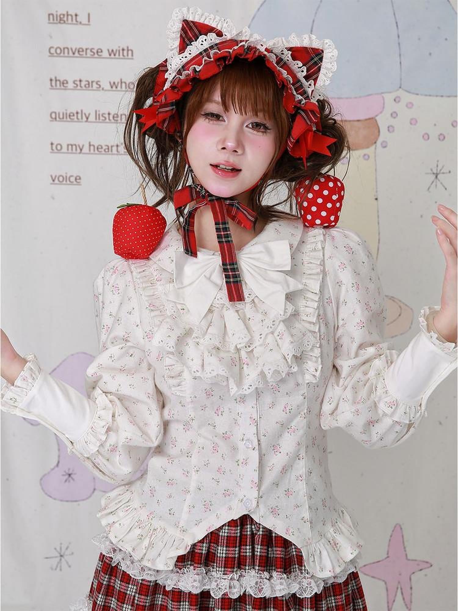 SOS MEME CLUB Vintage Lolita Bow Floral Button Cuffed Slim Women's Cotton Long Sleeve Blouses