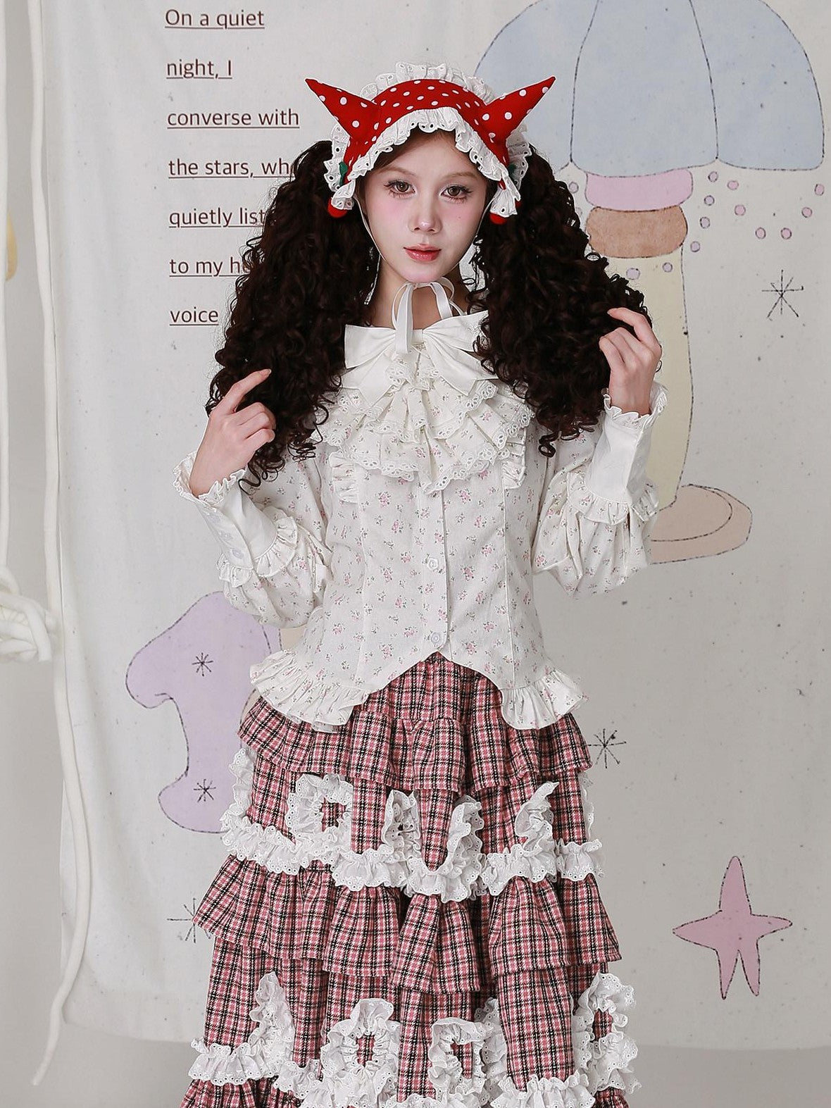 SOS MEME CLUB Vintage Lolita Bow Floral Button Cuffed Slim Women's Cotton Long Sleeve Blouses