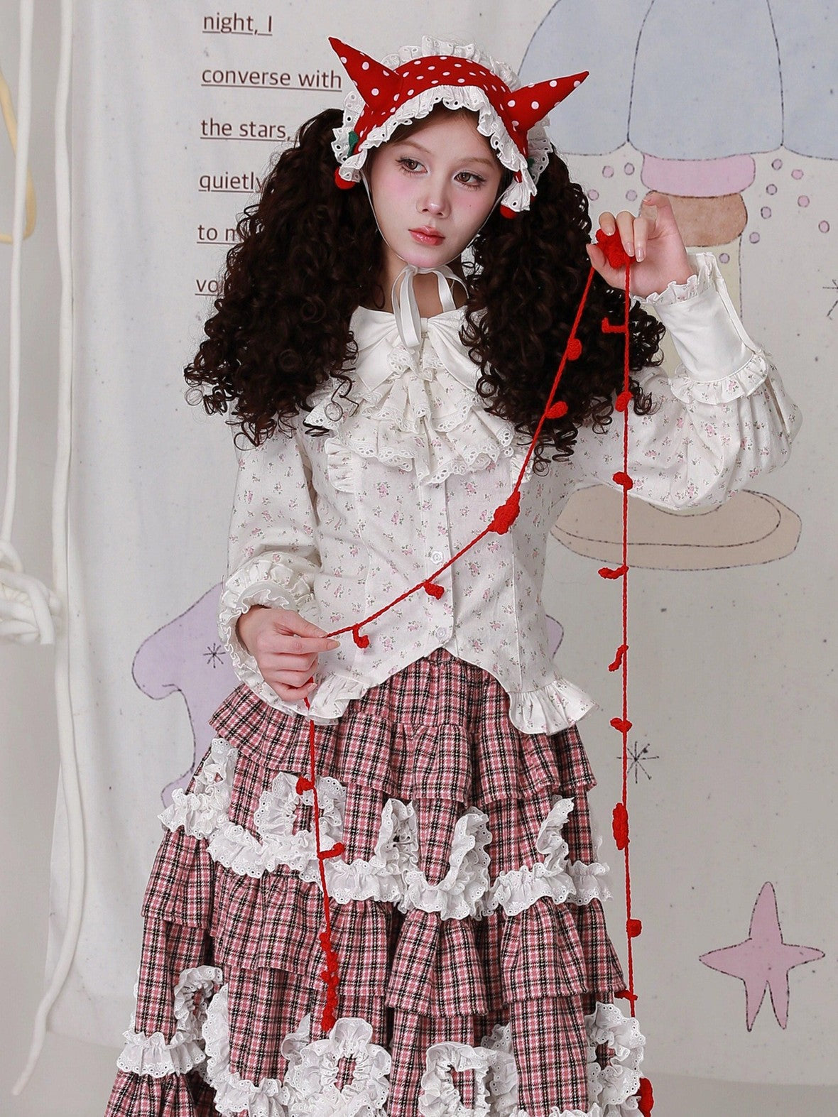 SOS MEME CLUB Vintage Lolita Bow Floral Button Cuffed Slim Women's Cotton Long Sleeve Blouses