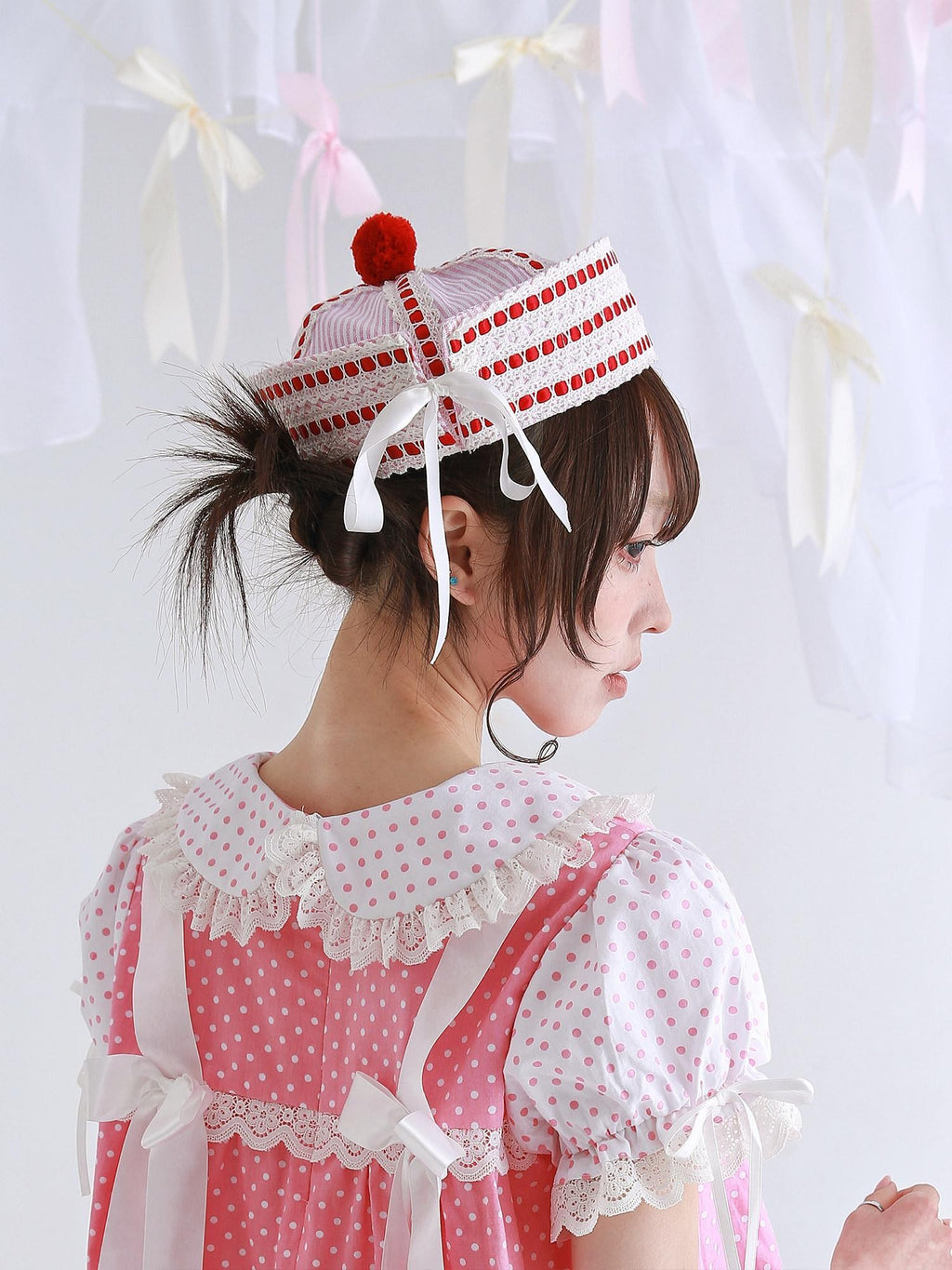 SOS MEME CLUB Vintage Pink Striped Sailor Embroidered Lace Women's Poly Cotton Full Bonnets