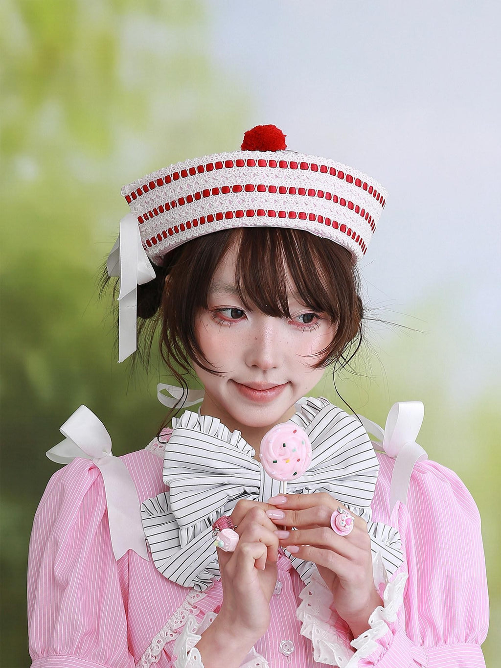 SOS MEME CLUB Vintage Pink Striped Sailor Embroidered Lace Women's Poly Cotton Full Bonnets