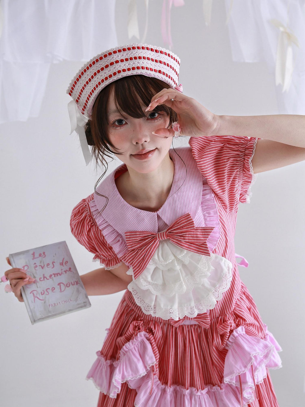 SOS MEME CLUB Vintage Pink Striped Sailor Embroidered Lace Women's Poly Cotton Full Bonnets