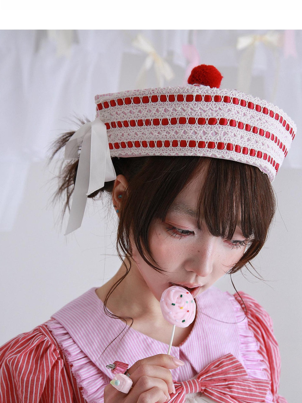 SOS MEME CLUB Vintage Pink Striped Sailor Embroidered Lace Women's Poly Cotton Full Bonnets