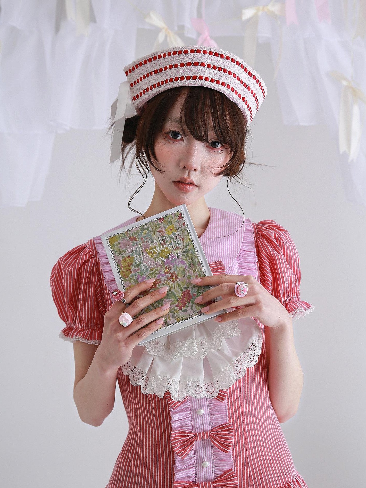 SOS MEME CLUB Vintage Pink Striped Sailor Embroidered Lace Women's Poly Cotton Full Bonnets