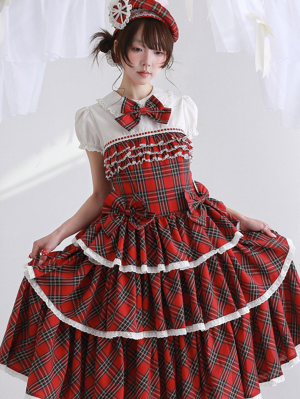 SOS MEME CLUB Vintage Red Doll Collar Puff Sleeve Cake Skirt Women's Cotton Short Sleeve Op