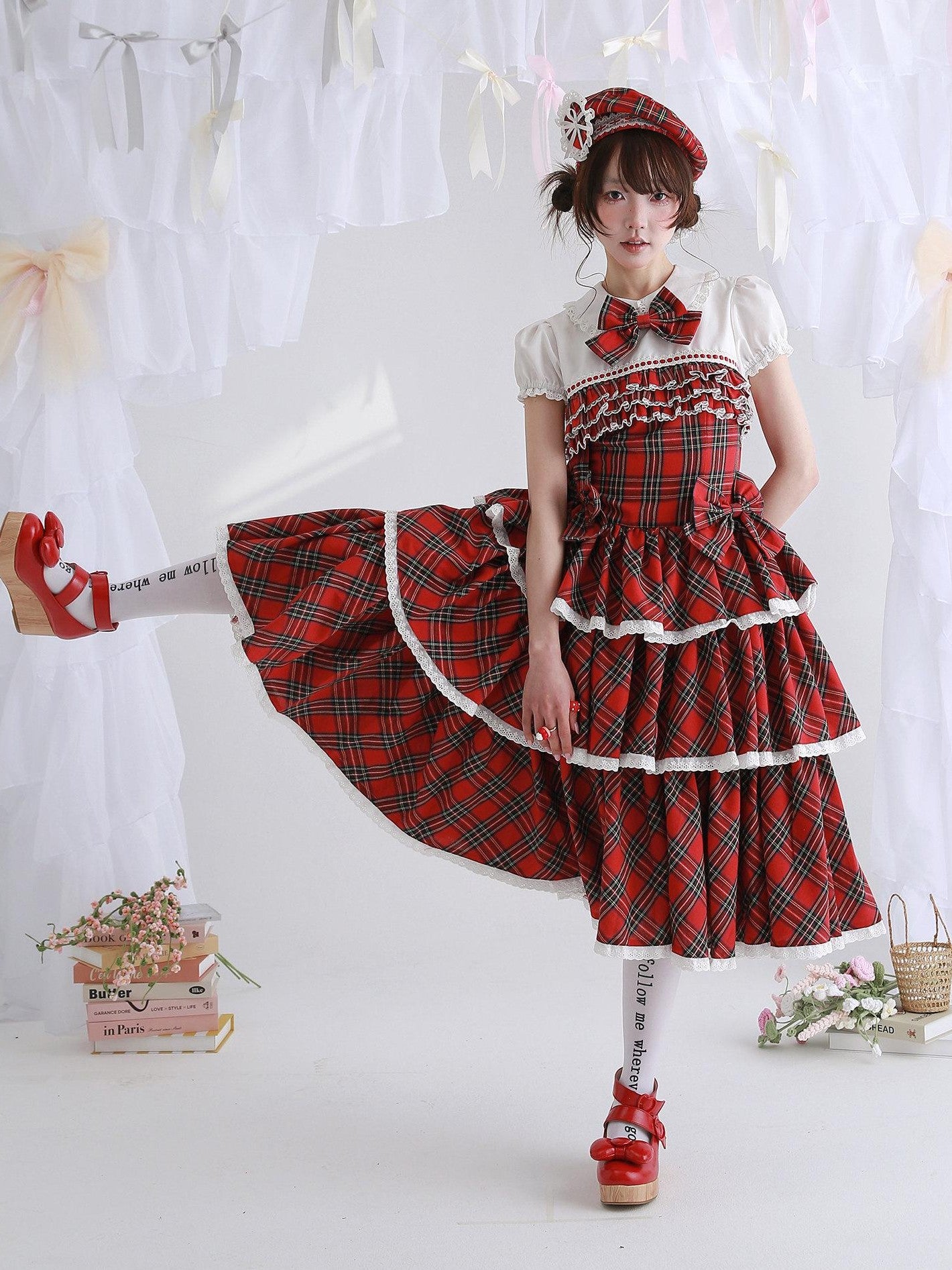 SOS MEME CLUB Vintage Red Doll Collar Puff Sleeve Cake Skirt Women's Cotton Short Sleeve Op