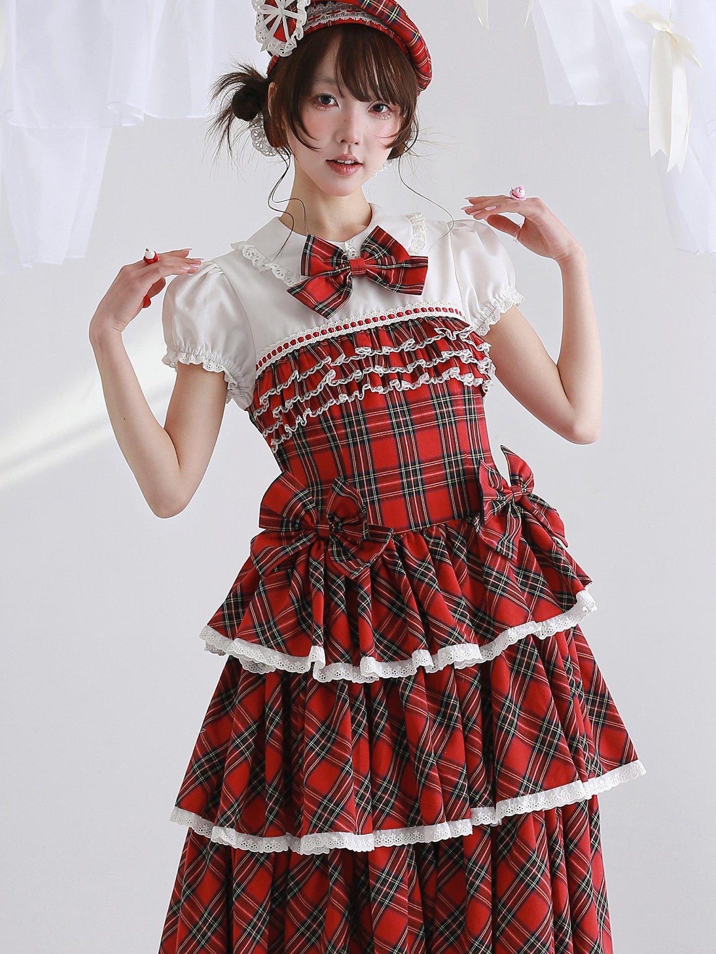SOS MEME CLUB Vintage Red Doll Collar Puff Sleeve Cake Skirt Women's Cotton Short Sleeve Op