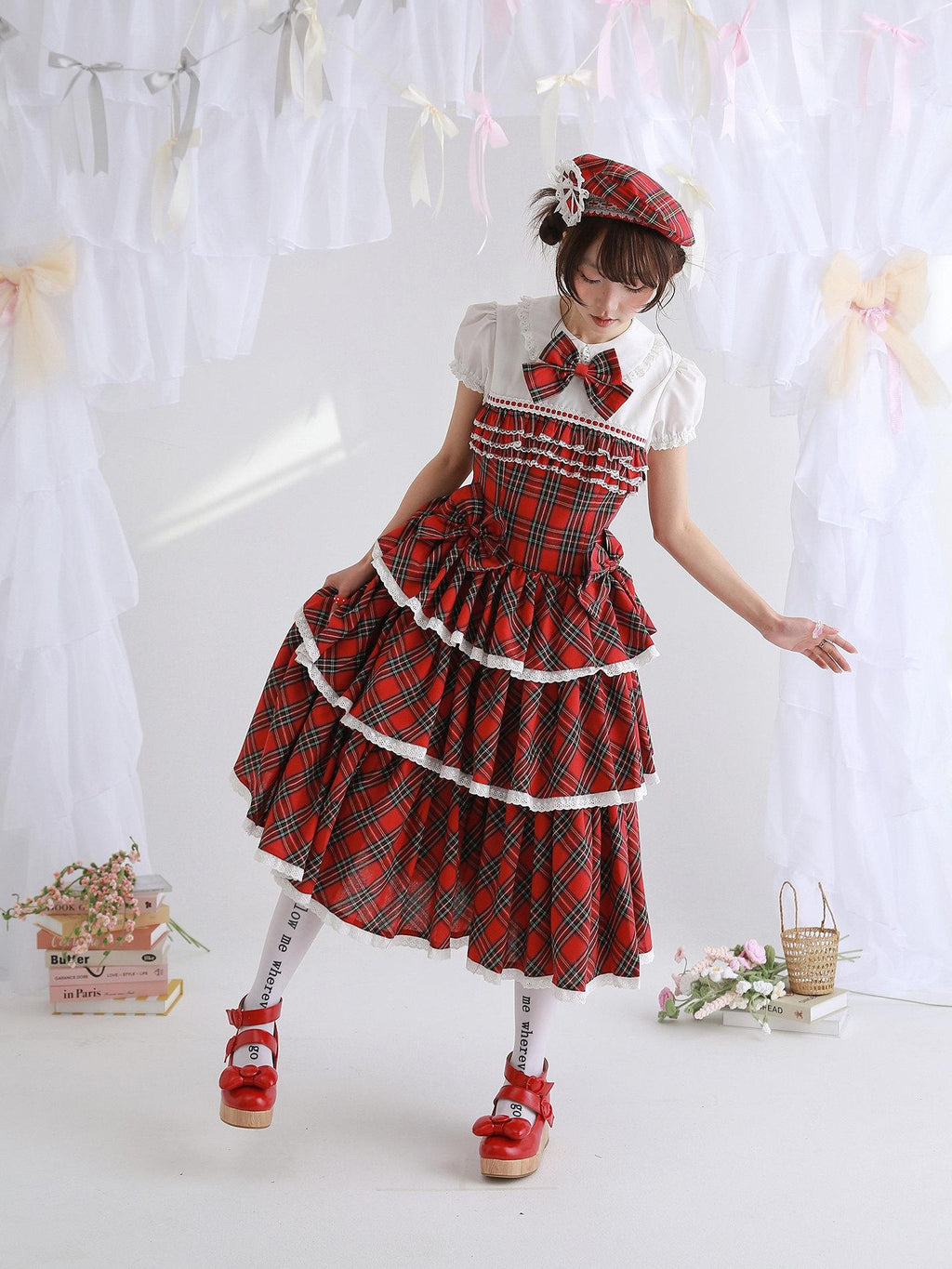 SOS MEME CLUB Vintage Red Doll Collar Puff Sleeve Cake Skirt Women's Cotton Short Sleeve Op