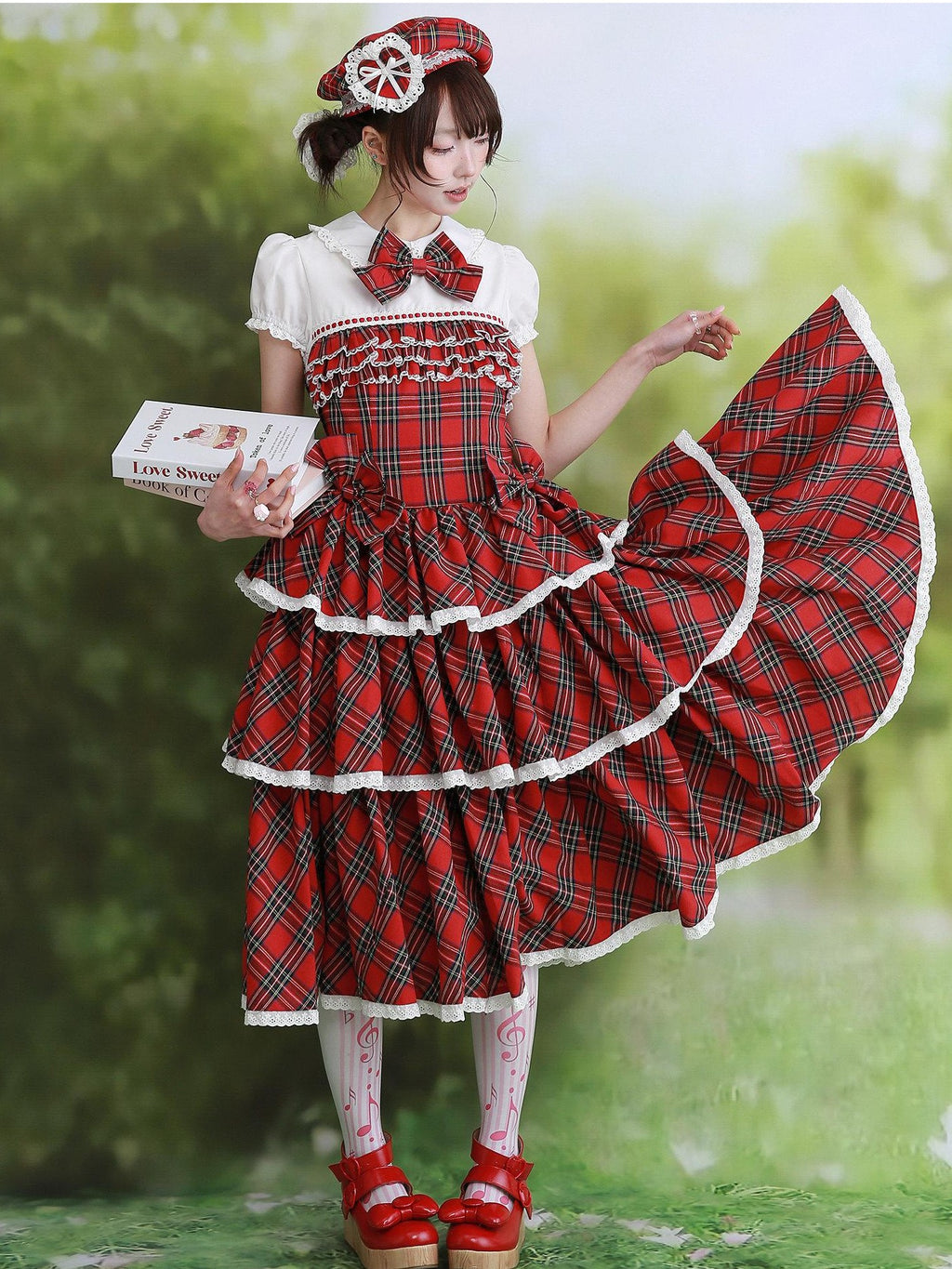 SOS MEME CLUB Vintage Red Doll Collar Puff Sleeve Cake Skirt Women's Cotton Short Sleeve Op