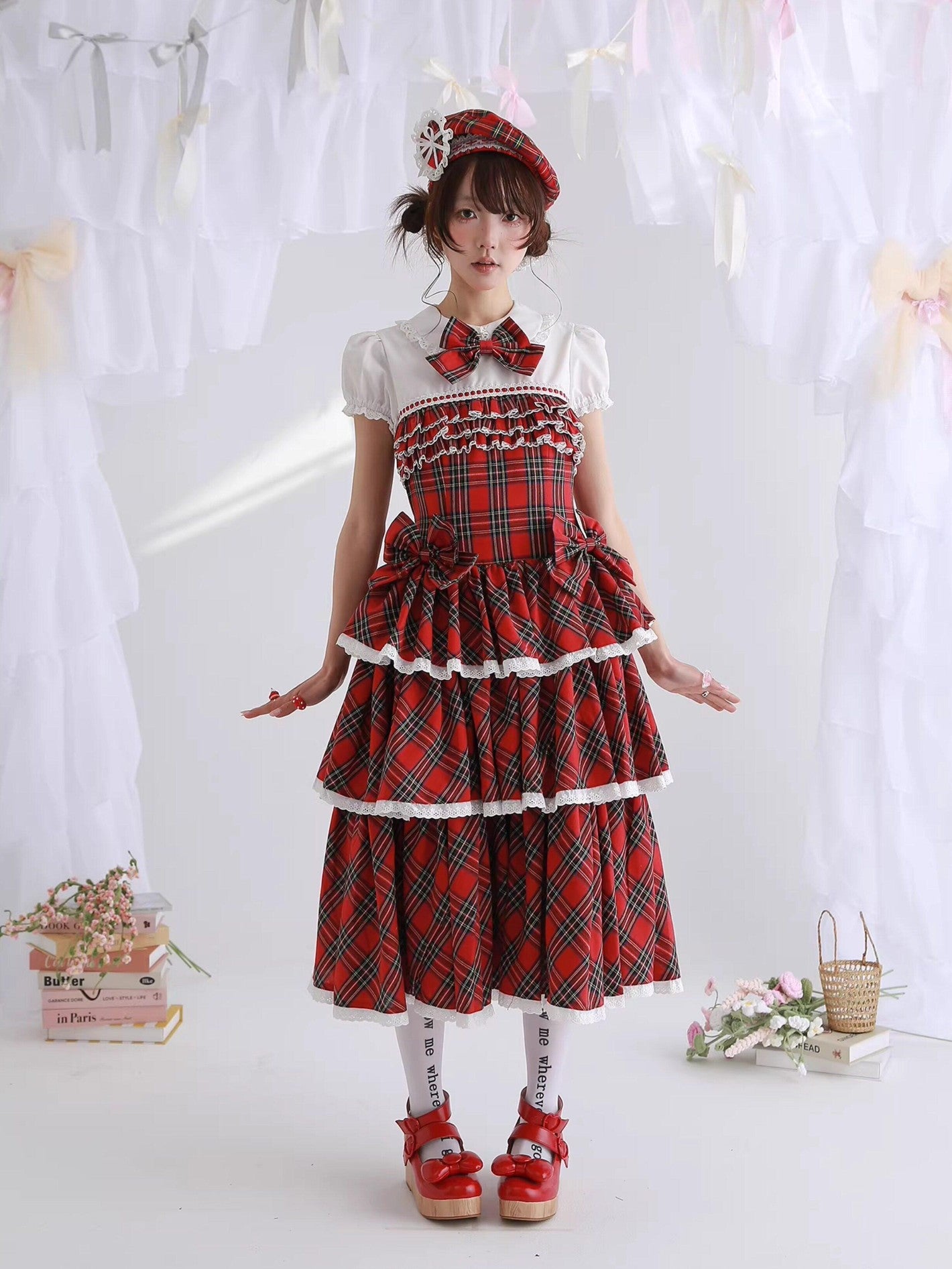 SOS MEME CLUB Vintage Red Doll Collar Puff Sleeve Cake Skirt Women's Cotton Short Sleeve Op