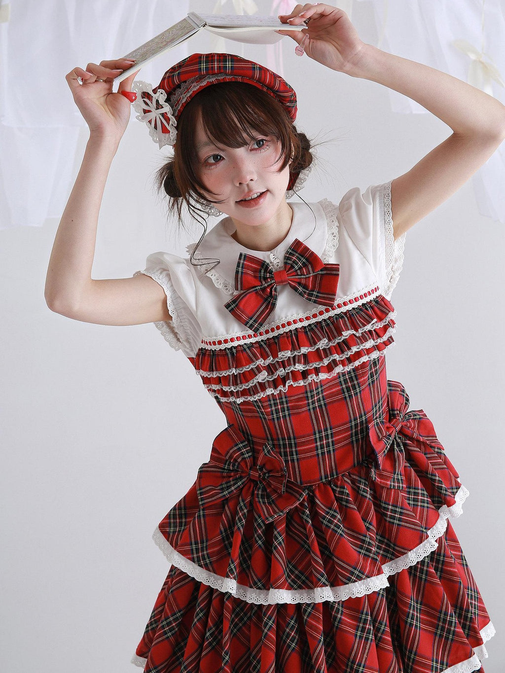 SOS MEME CLUB Vintage Red Doll Collar Puff Sleeve Cake Skirt Women's Cotton Short Sleeve Op