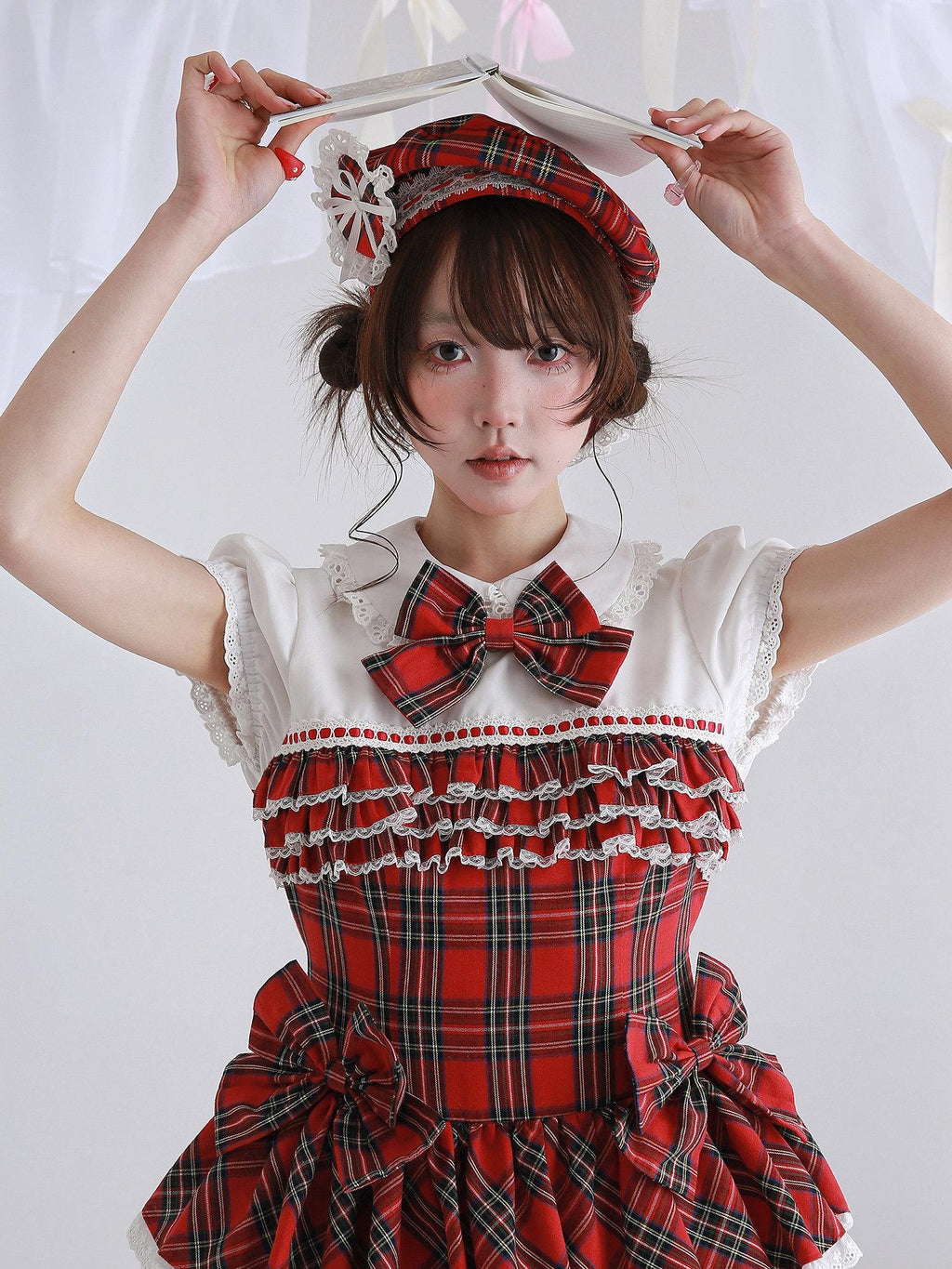 SOS MEME CLUB Vintage Red Doll Collar Puff Sleeve Cake Skirt Women's Cotton Short Sleeve Op
