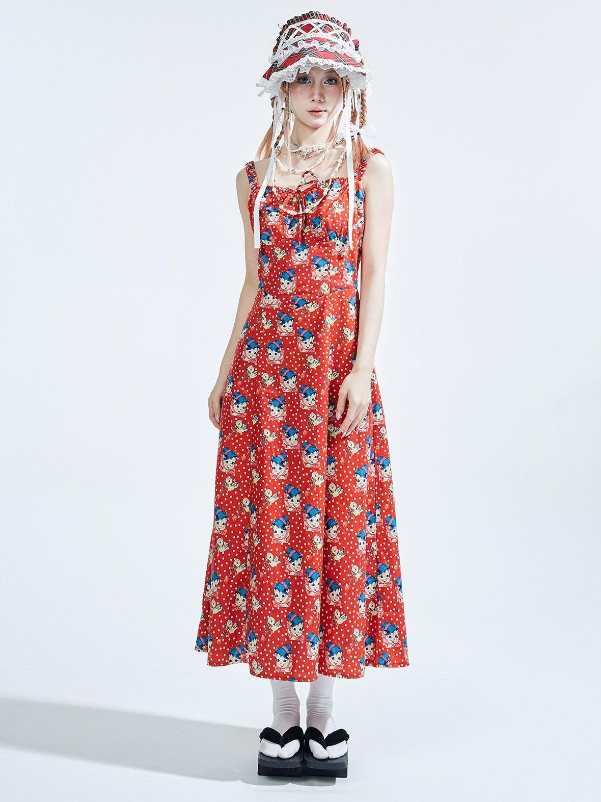 SOS MEME CLUB Vintage Red Tie Strap Printed Long Women's Cotton Jsk / Jumper Skirts