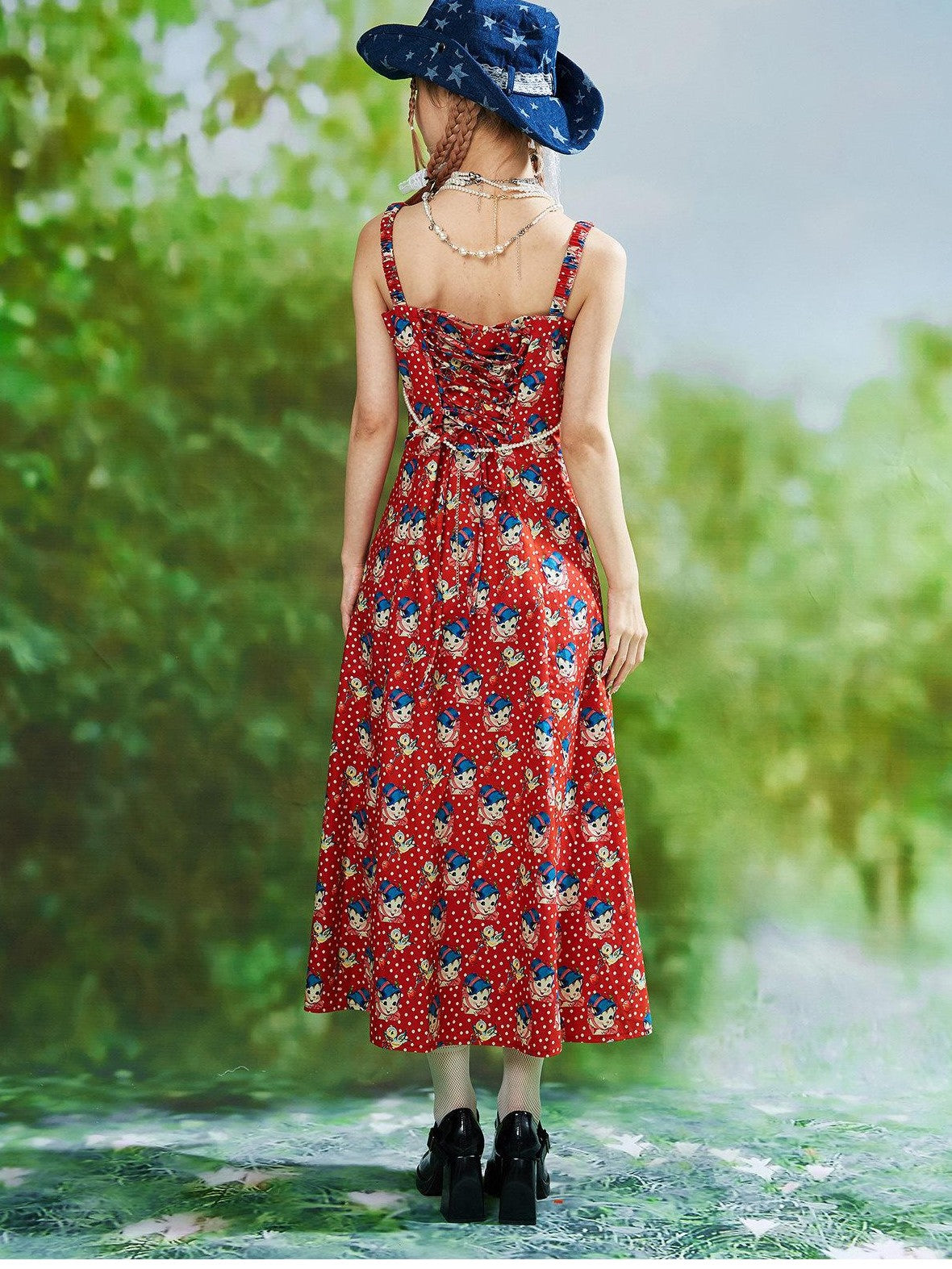 SOS MEME CLUB Vintage Red Tie Strap Printed Long Women's Cotton Jsk / Jumper Skirts