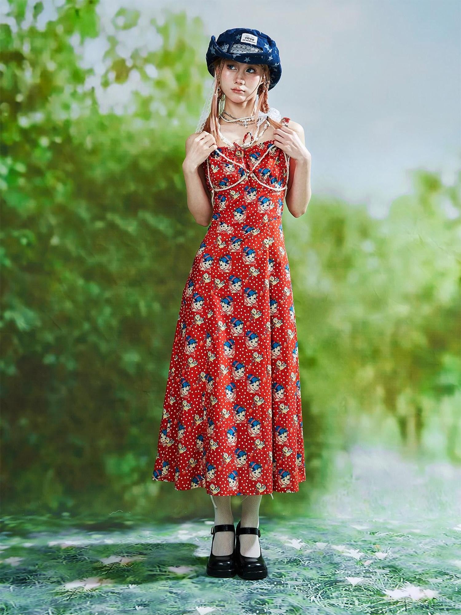 SOS MEME CLUB Vintage Red Tie Strap Printed Long Women's Cotton Jsk / Jumper Skirts