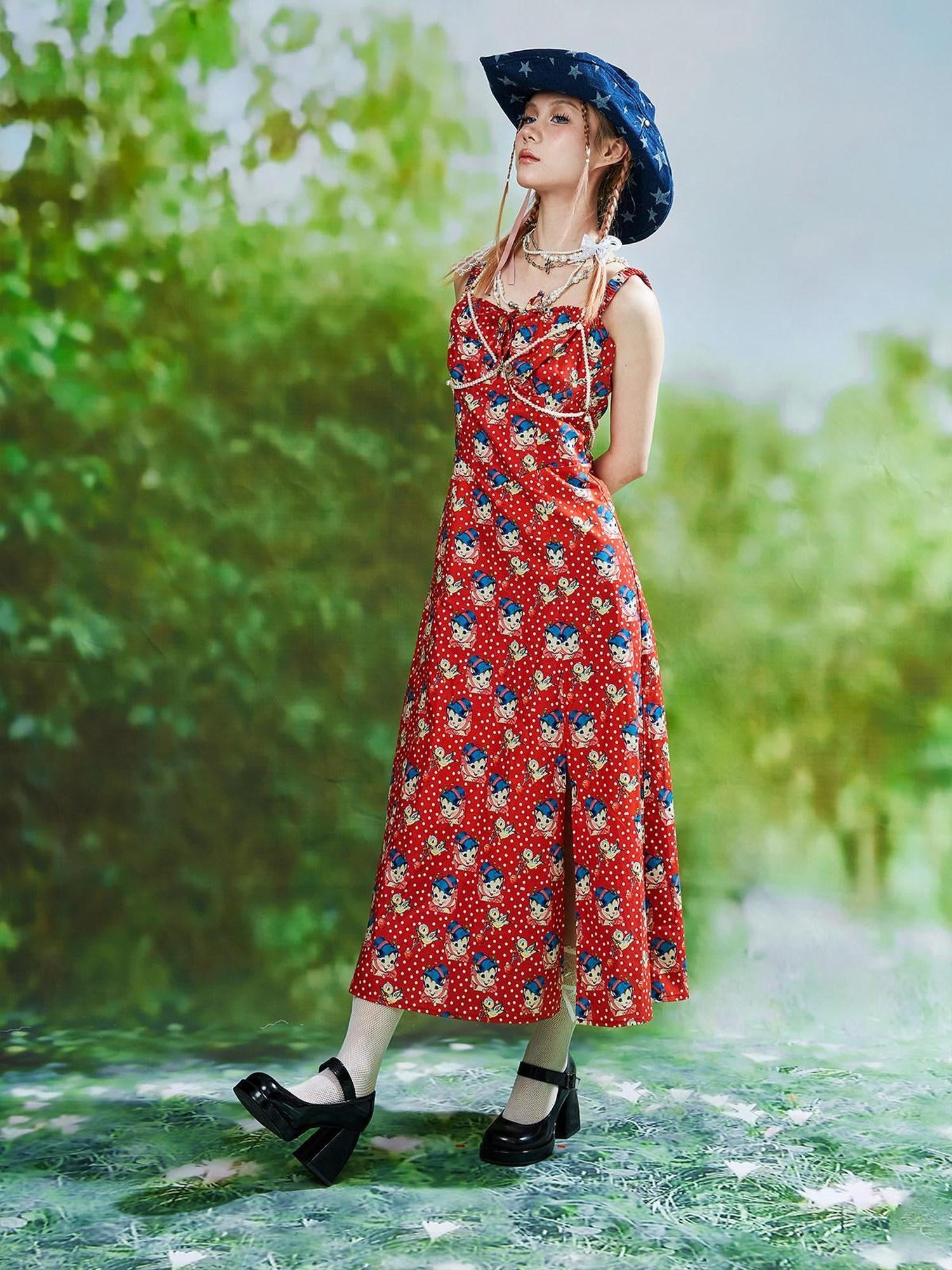 SOS MEME CLUB Vintage Red Tie Strap Printed Long Women's Cotton Jsk / Jumper Skirts