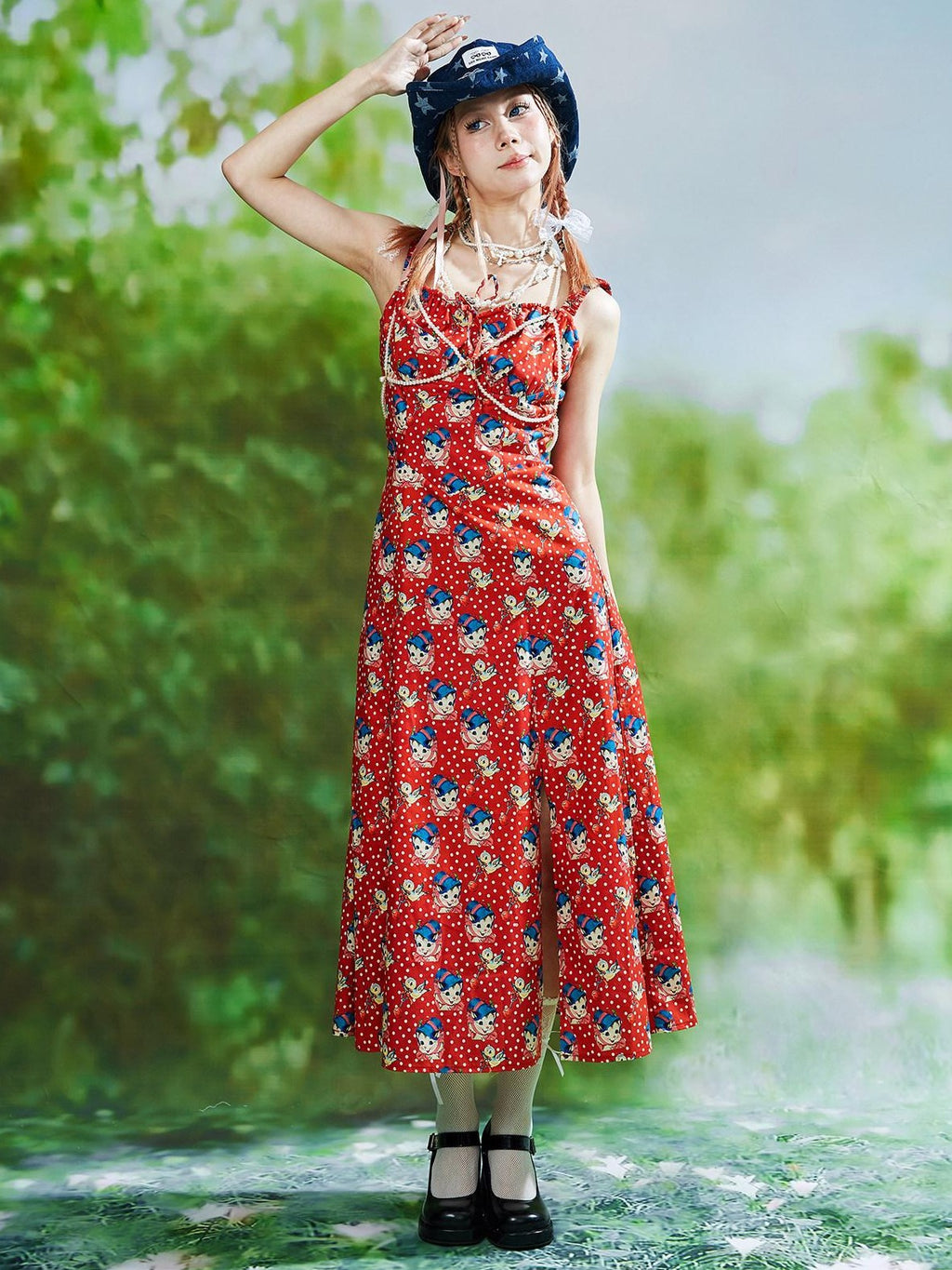 SOS MEME CLUB Vintage Red Tie Strap Printed Long Women's Cotton Jsk / Jumper Skirts