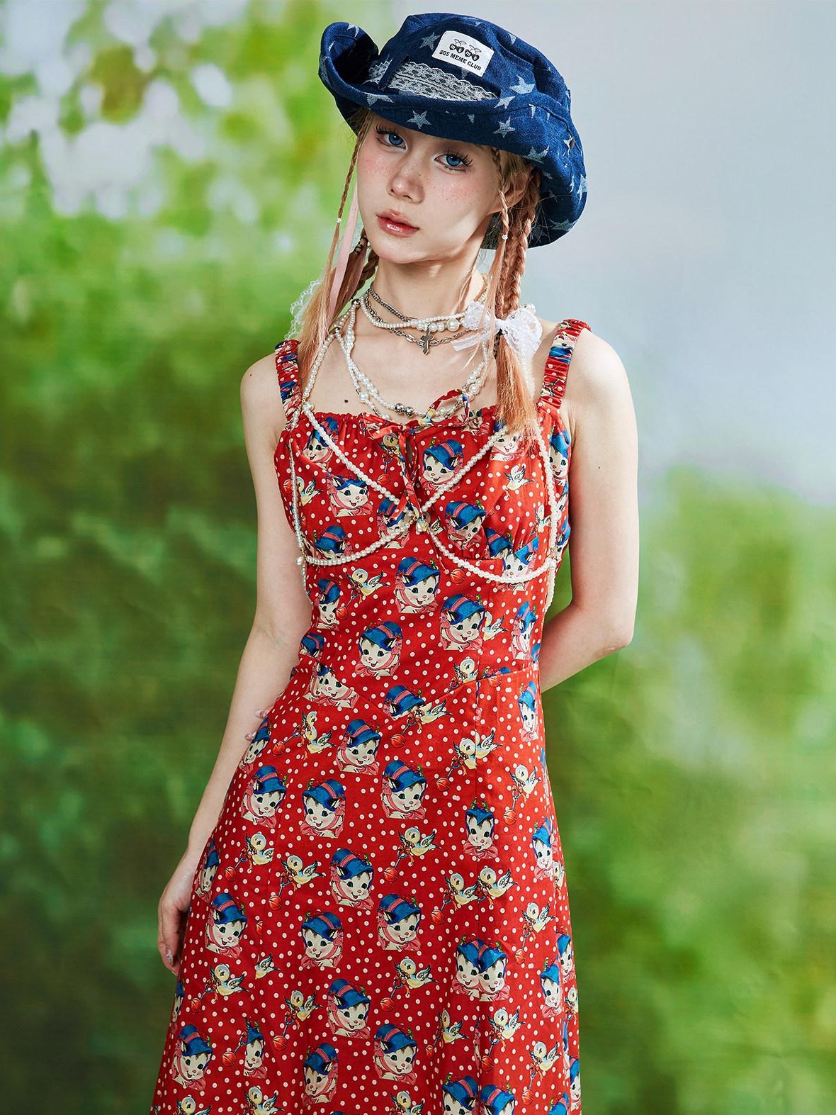 SOS MEME CLUB Vintage Red Tie Strap Printed Long Women's Cotton Jsk / Jumper Skirts